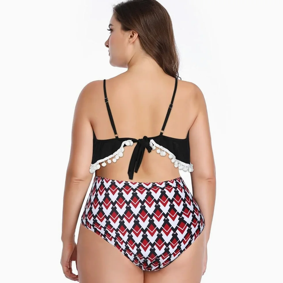 Bikini Damskie stroje kąpielowe Strój kąpielowy z wysokim stanem Halter Seksowny zestaw bikini z falbanką Retro Kostiumy kąpielowe Stroje kąpielowe w dużych rozmiarach Piłka (kolor: czarny, rozmiar: