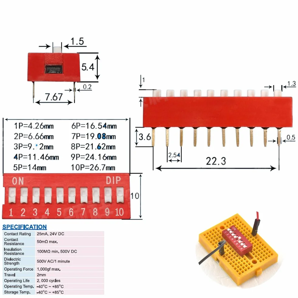 35 szt. 1 2 3 4 5 6 8 pozycji 2,54 mm przesunięcia przełącznik DIP montaż PCB dwurzędowy czerwony