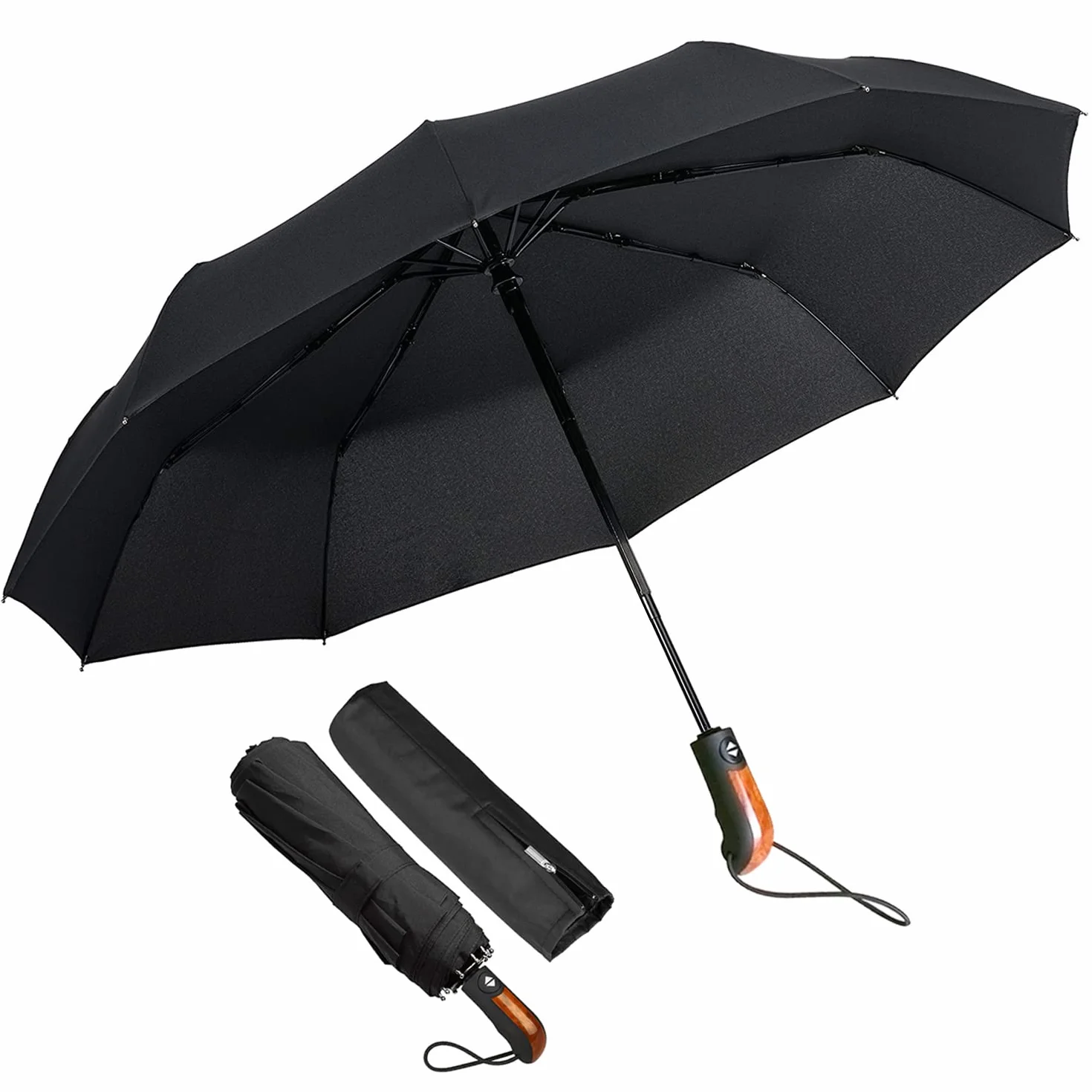 ECHOICE Parasol kieszonkowy automatyczny XL, wiatroszczelny do 140 km/h, 10 żeber stal nierdzewna, powłoka teflonowa, czarny