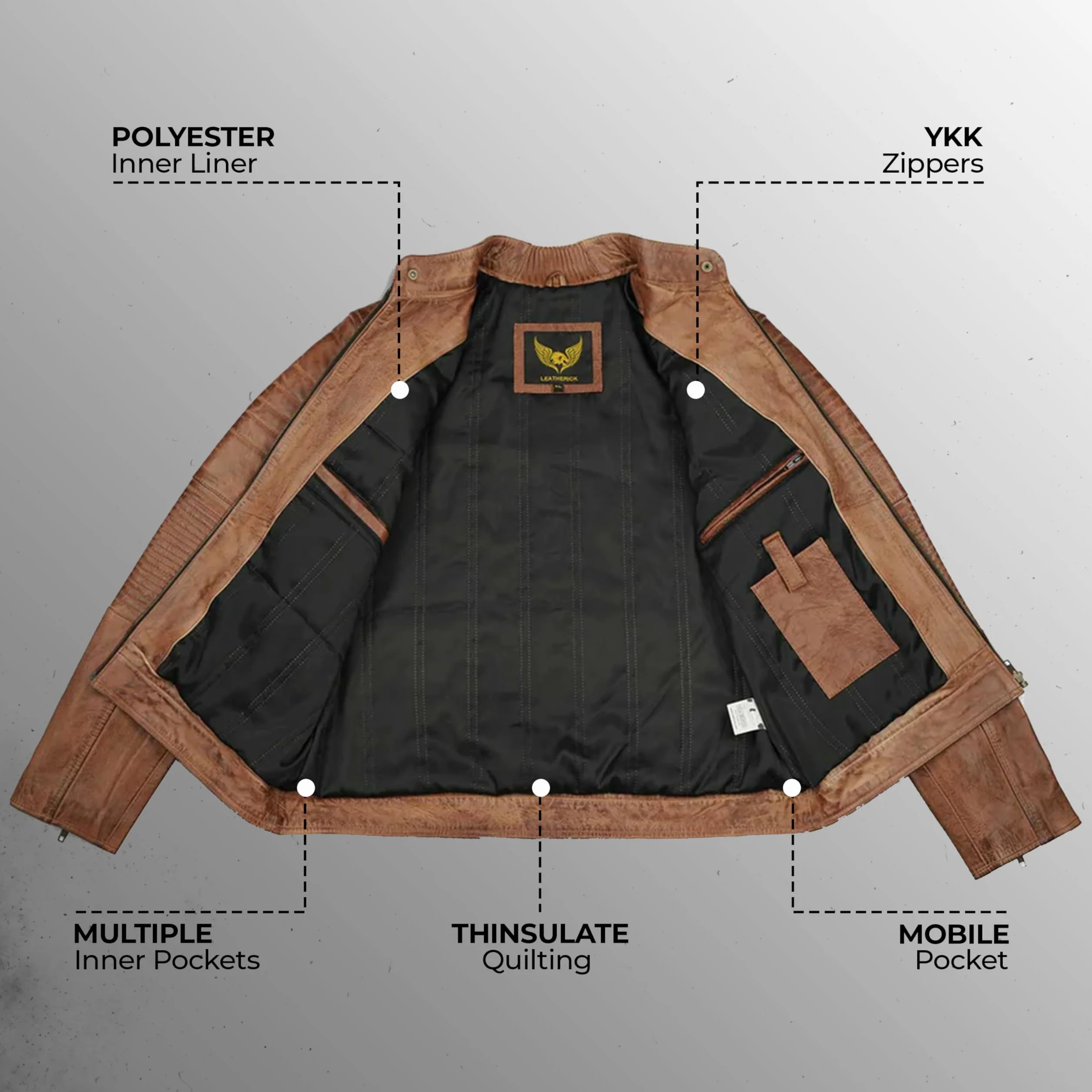 Leatherick Męska skórzana kurtka - postarzana brązowa skóra bydlęca styl retro vintage kurtka motocyklowa z wieloma kieszeniami