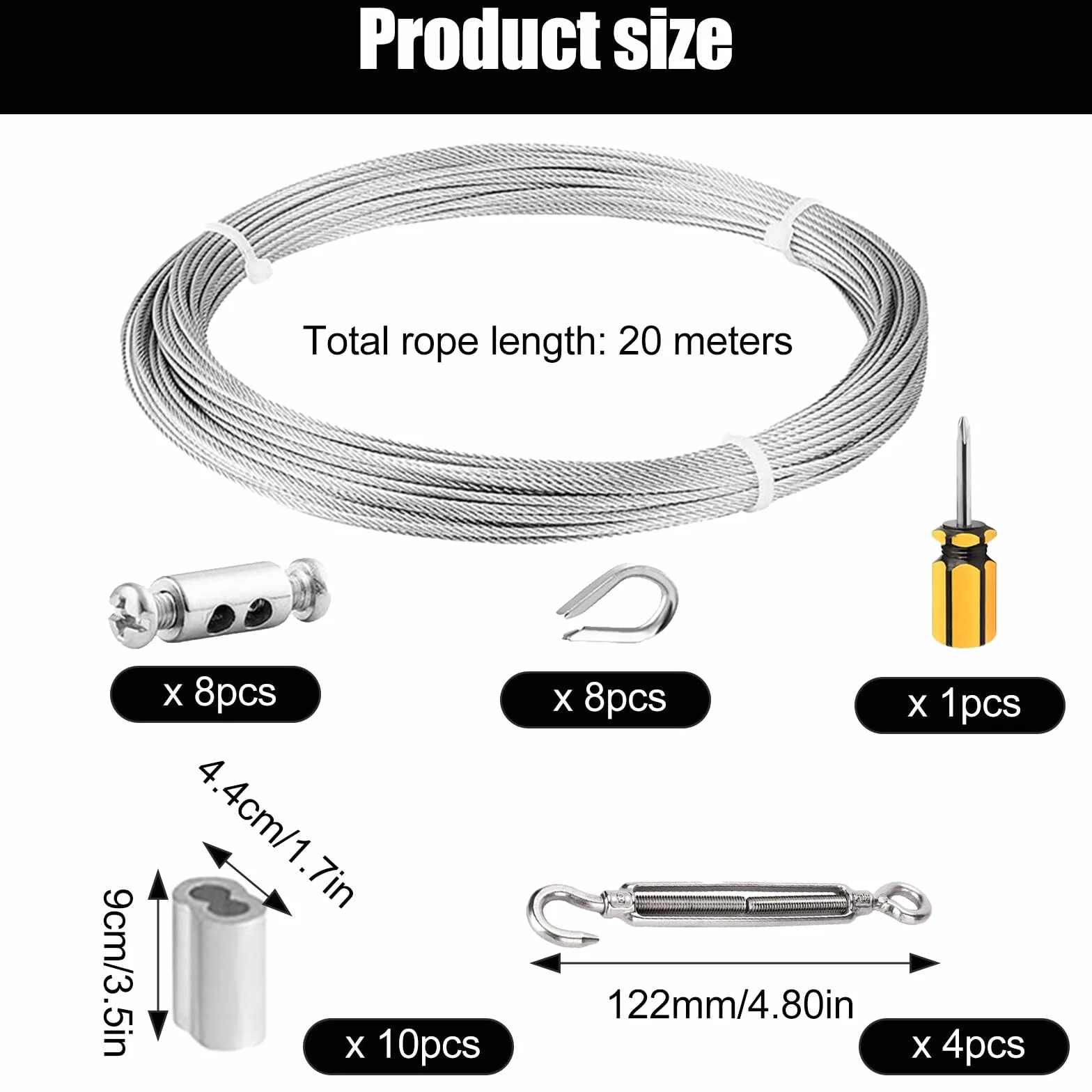 20 m 2 mm linka stalowa ze stali nierdzewnej 304, zestaw linek drucianych, linka stalowa z oczkami, zamek napinający M5, zestaw napinający liny, do firanek, String Light Suspension