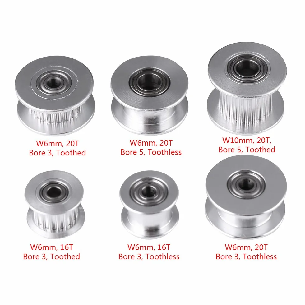 Akcesoria do drukarek 3D, 5 sztuk aluminiowego koła rozrządu 2GT, średnica otworu 3 mm / 5 mm, 16/20 zębów lub bez zębów dla szerokości paska 6 mm / 10 mm (W6 mm, 20T, otwór 3, ząb)