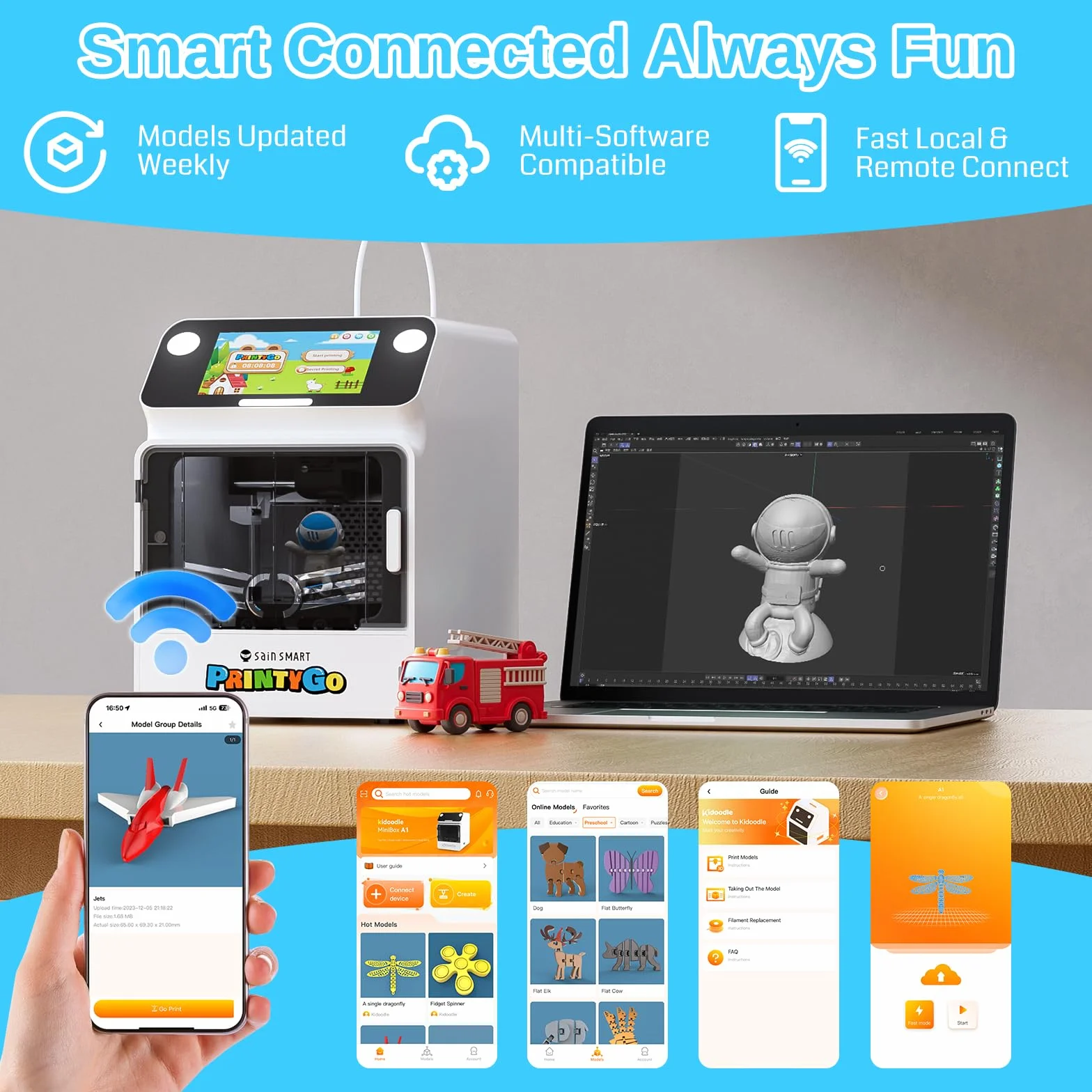 Drukarka 3D PrintyGo Mini dla dzieci, drukarka z automatycznym poziomowaniem 600 mm/s dla początkujących, bezpieczna dla dzieci konstrukcja, sterowanie przez Wi-Fi/aplikację, prezent do nauki STEM