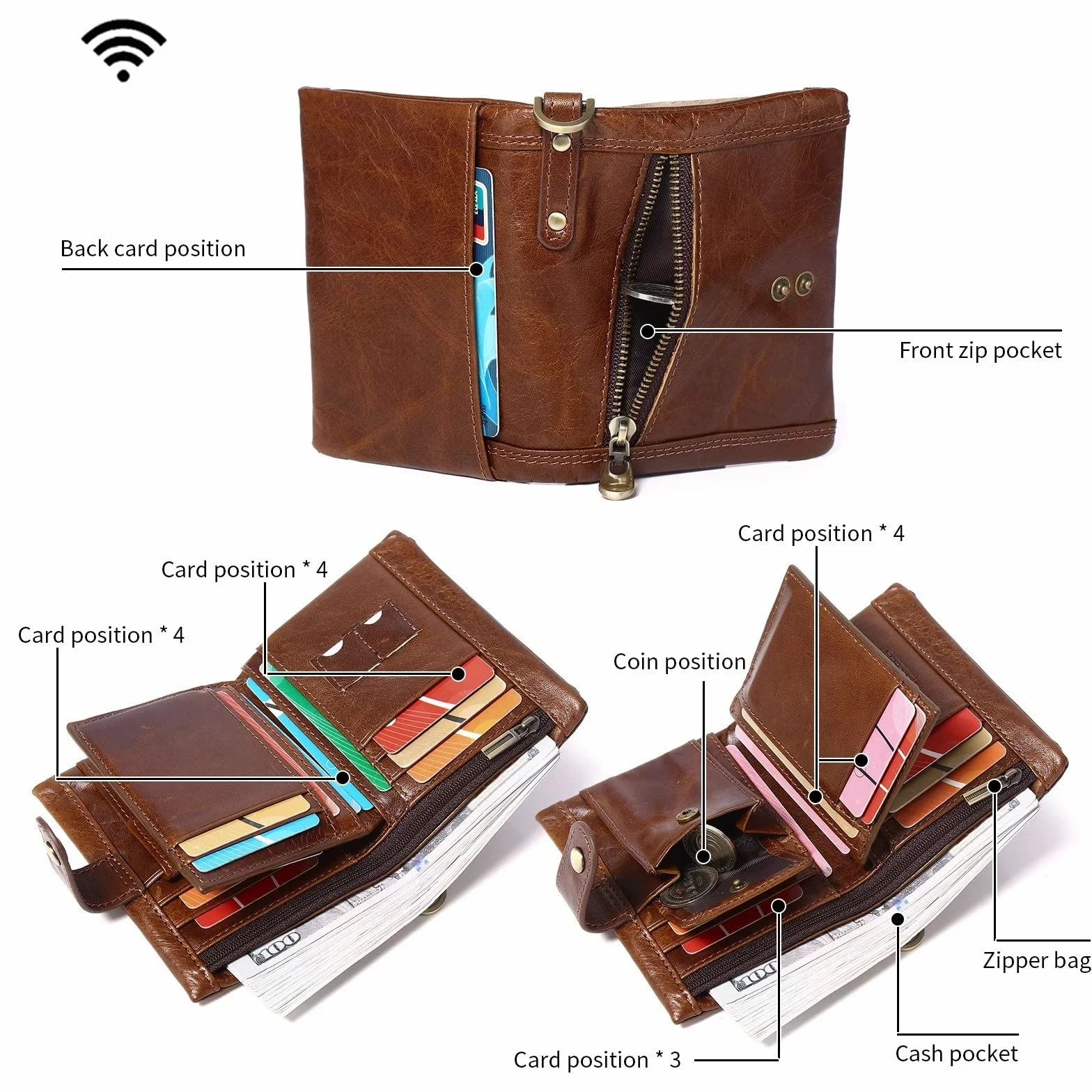 Męski portfel z łańcuszkiem męski portfel ze skóry z łańcuszkiem antykradzieżowym skórzany RFID podwójny składany portfel, kawa, 12x9.5cm, Klasyczny