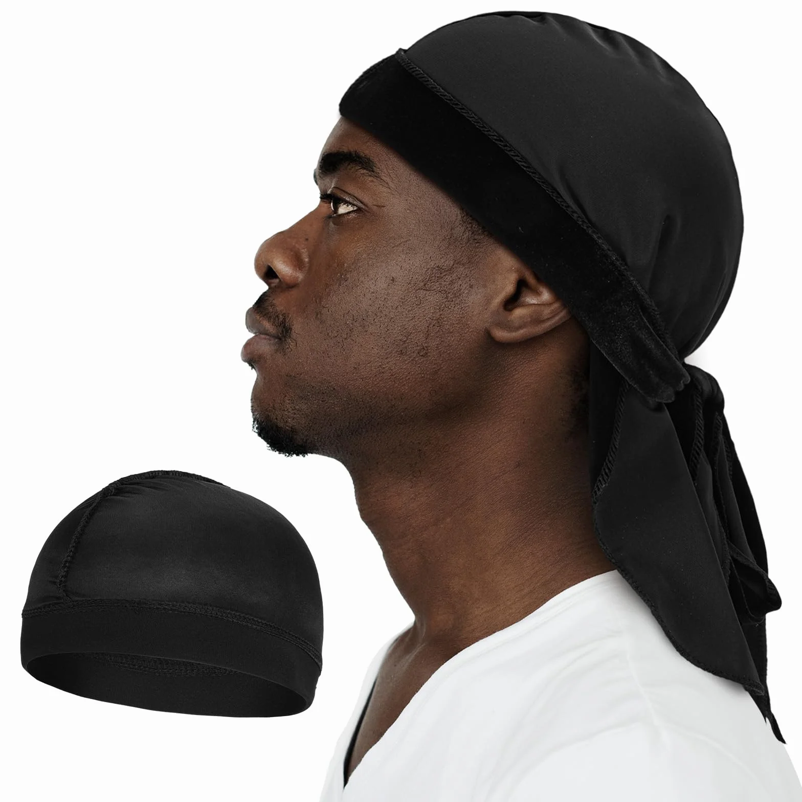 Aksamitny Durag dla mężczyzn z 1 czapką fali, miękka tkanina 360 fal doo, długie, podwójne, szerokie paski, jeden rozmiar pasuje do większości (czarny)