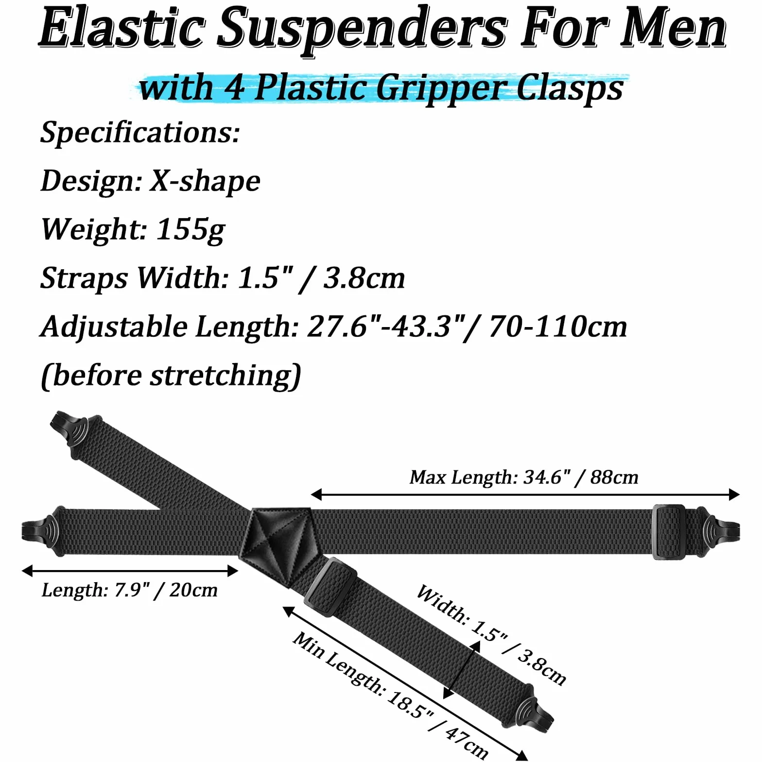 Suspenders for Men Heavy Duty 1,6 cala Wide Airport Friendly Hidden Suspenders with 4 Plastic Gripper Clasps Adjustable Elastic Braces for Casual Work X-Back czarne