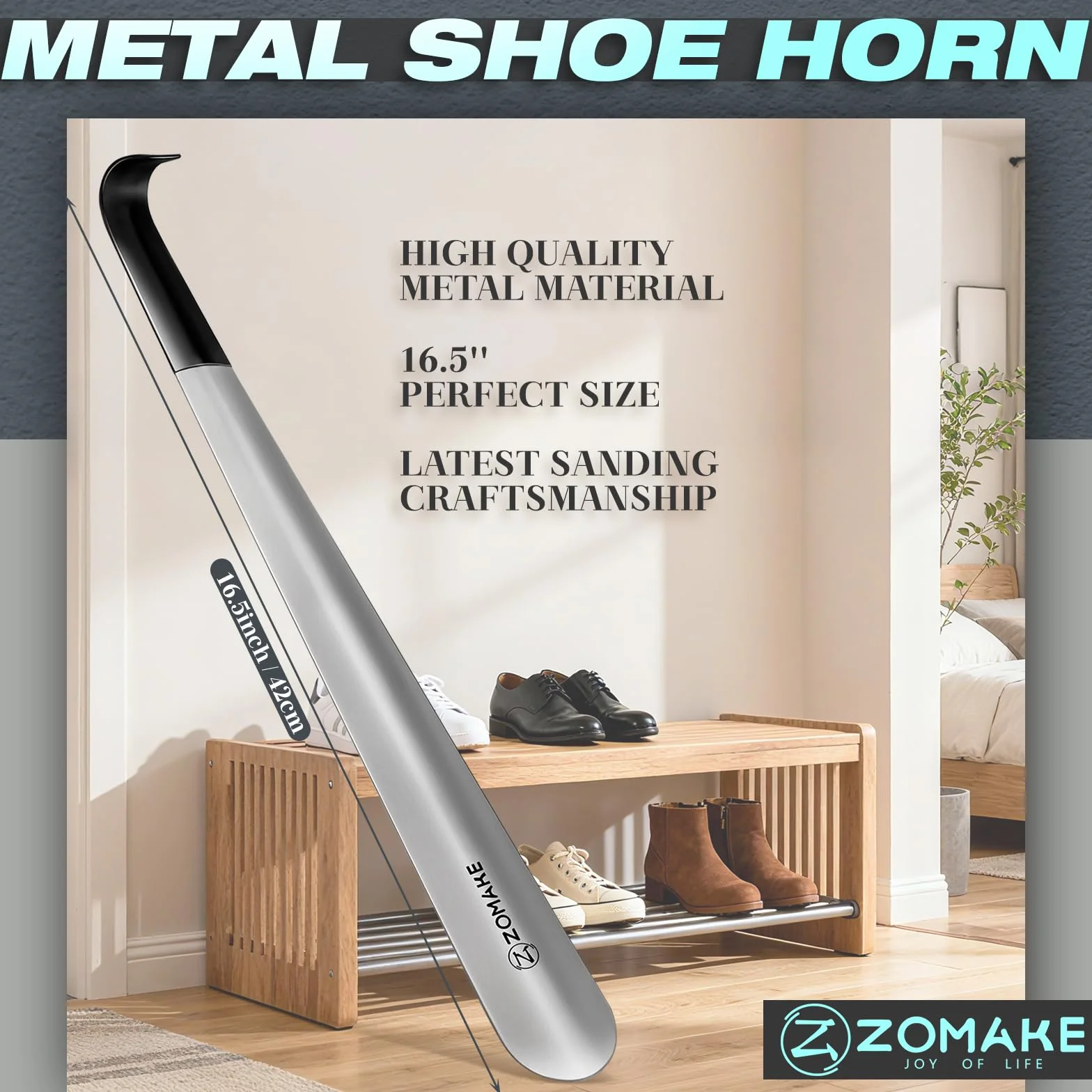 ZOMAKE Łyżka Do Butów Metalowa Długa 42cm,Długa Łyżka Do Stóp Ze Stali Nierdzewnej - Srebrna Łyżka Do Stóp Długa Stajnia Z Gumowym Rękawem Dla Seniorów