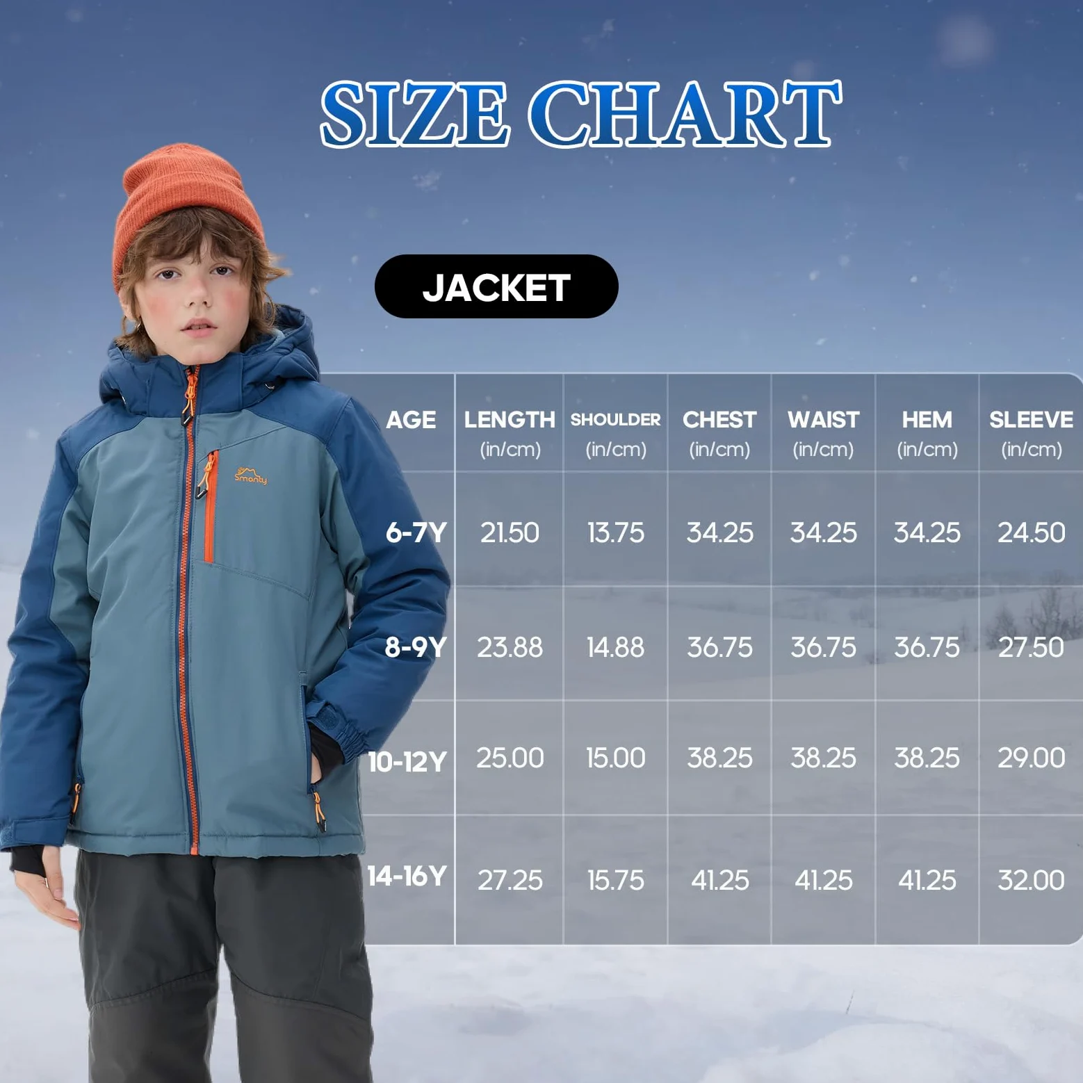 SMONTY SNOWER chłopięca kurtka śnieżna z odpinanym kapturem, kurtka narciarska, bardzo ciepła, płaszcz zimowy, szary/niebieski, 6 lat