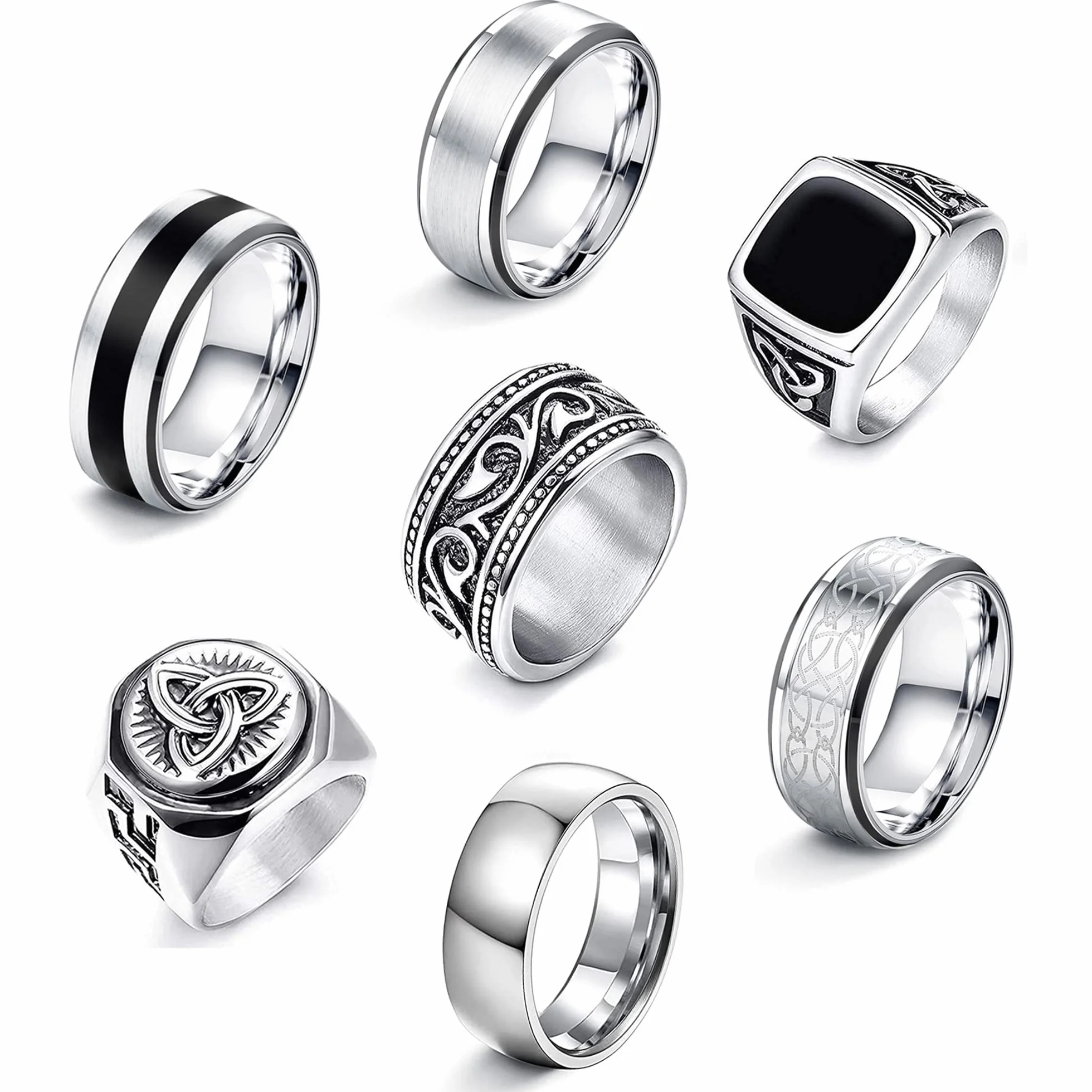 JeweBella 7-częściowy Sygnet męski ze stali nierdzewnej matowy srebrny polerowany Celtycki węzeł Vintage Biker Ring Duży klasyczny czarny męski zestaw Gothic Grawerowanie Sygnet dla mężczyzn