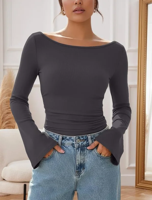 Elegancka damska koszulka z długim rękawem, dekolt w łódkę, z rękawami z dzwoneczkami, wąski top Y2K, basic, luźny sweter, slim fit, długi rękaw, jednokolorowa, z długim rękawem, na jesień