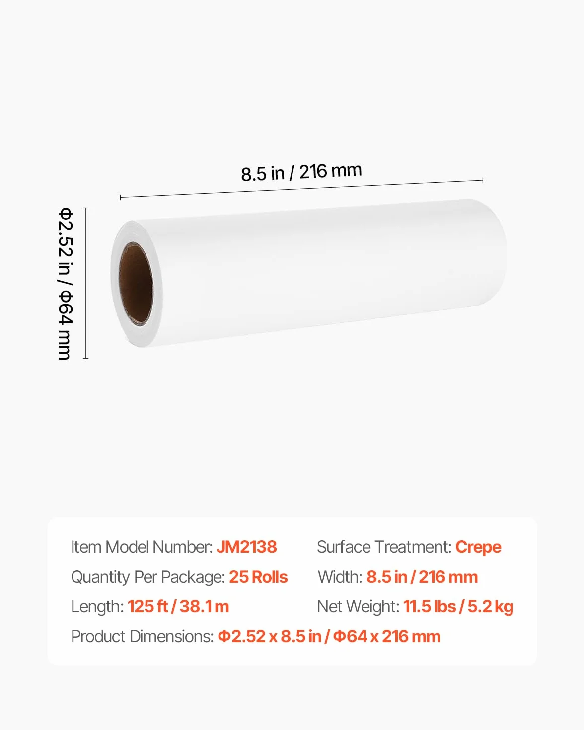 VEVOR Rolki papieru do zagłówka 25 sztuk 21,6 cm x 38,1 m, jednorazowy papier do badań lekarskich z powierzchnią perpezy, do zagłówka ochronnego, do stołów do masażu, biały