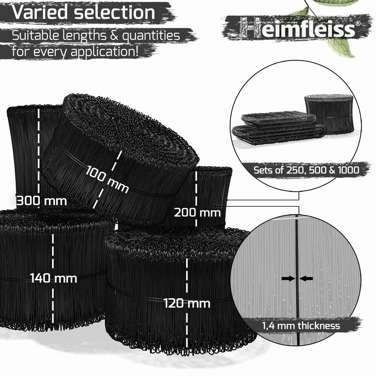 Heimfleiss® Drut rzymski zaizolowany w kolorze czarnym od 1,4 x 100 do 300 mm (1000 szt.) - nierdzewny drut do wiązania betonowego z Niemiec - drut oczkowy do zaciskania, szczypiec do drutów