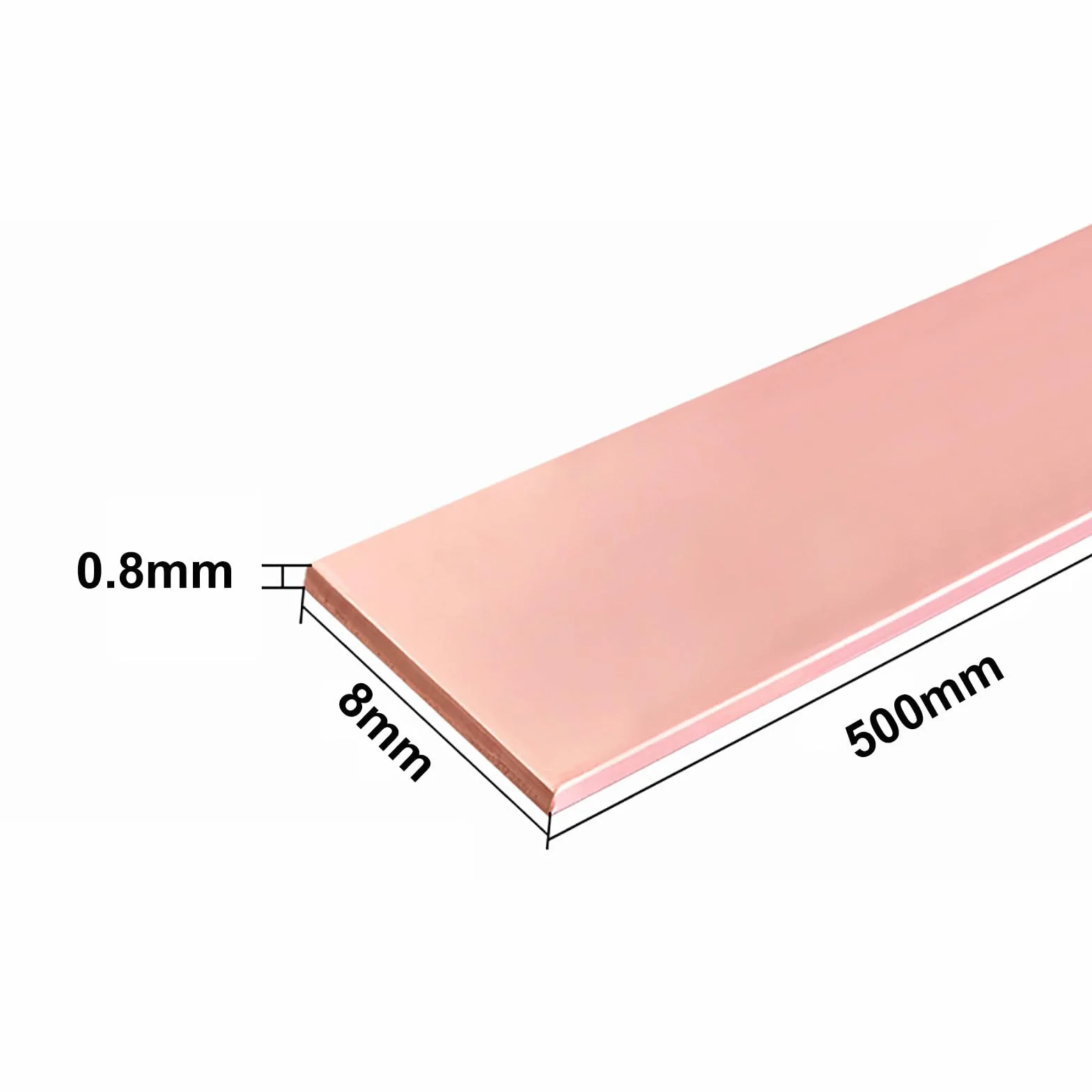 Płaskownik miedziany, długość 500 mm, szerokość 8 mm, grubość 0,1-1 mm, 1 szt. hurtowo(0.8mm)