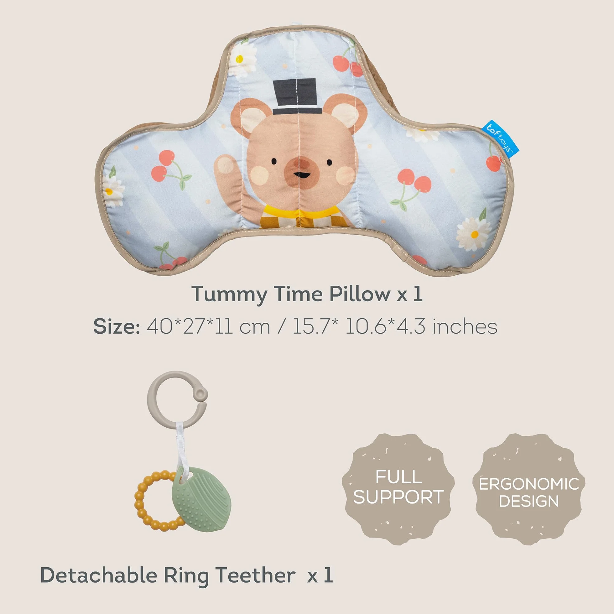Poduszka Tummy Time Baby Bear - Poduszka brzuszna z 2 wyjmowanymi zabawkami - rozwój motoryki i mięśni szyi - od urodzenia - 40x27x11 cm - 13715