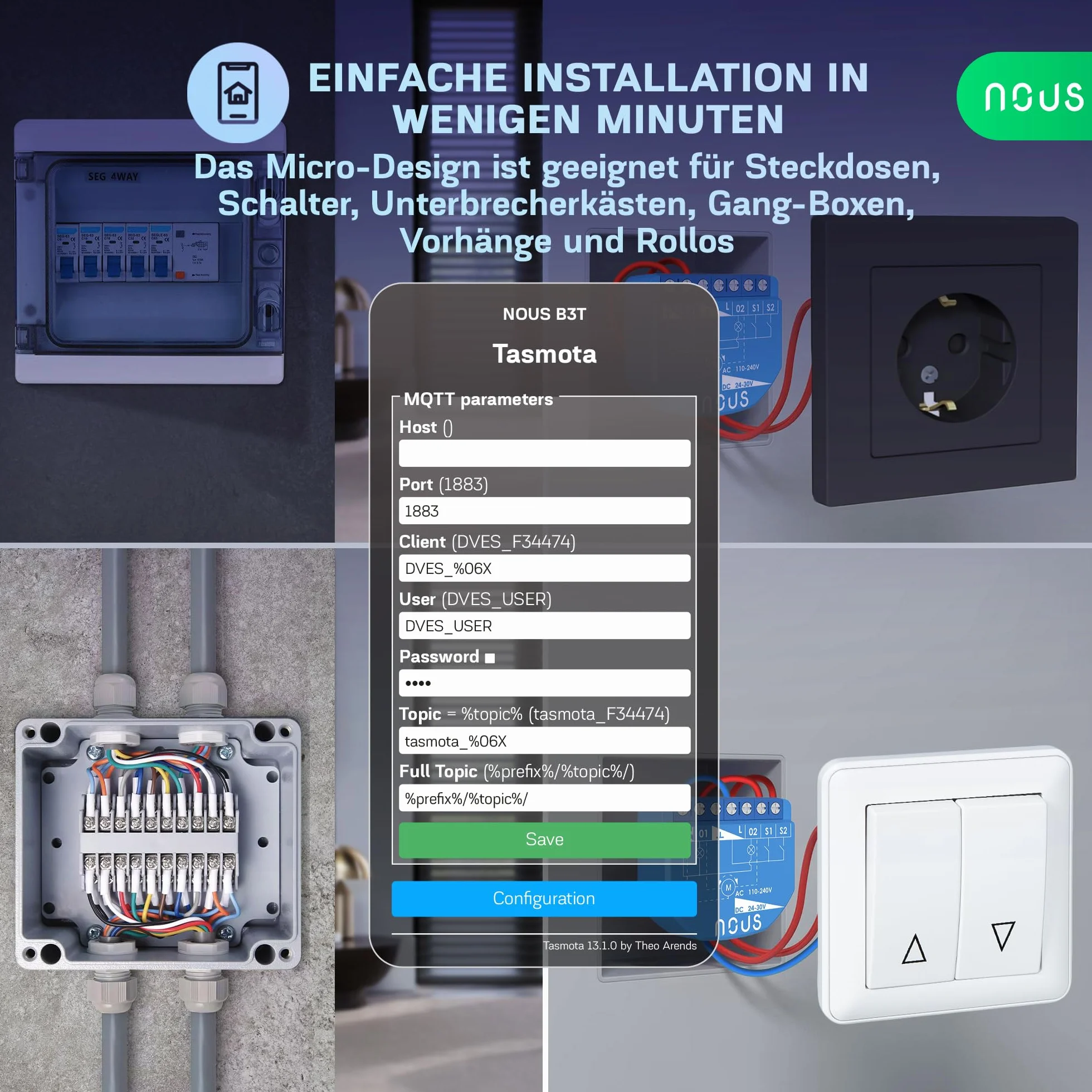 NOUS Moduł przełączający WiFi Tasmota, 16 A, 2 kanały z pomiarem mocy/moduł kurtyny 1 kanał, ESP32, czujnik temperatury, Matter & MQTT, suche styki, kompatybilny z Alexa, Home Assistant, Google Home,