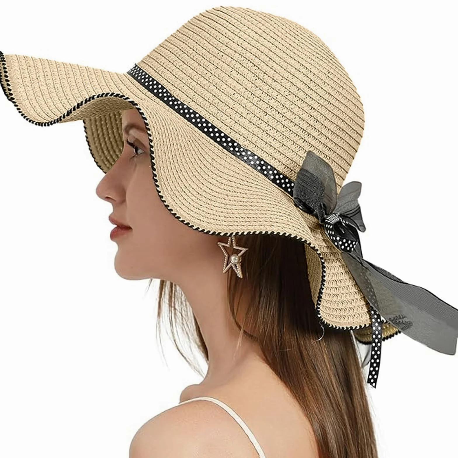 Słomkowy kapelusz damski, ochrona przed promieniowaniem UV, składany kapelusz przeciwsłoneczny, kapelusz plażowy, szerokie rondo, obwód głowy regulowany 55-60 cm, letni kapelusz na podróż
