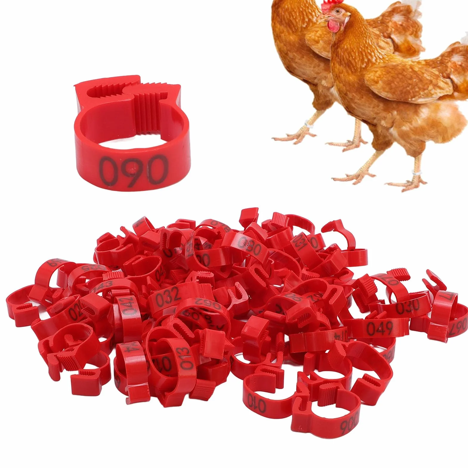 100 szt. plastikowych opasek na nogi z identyfikacją kurczaka, 20 mm od 001 do 100 numerowanych pasków na udka drobiu dla kaczek, piskląt, gęsi, ptactwa żółtego, indyka (czerwone)