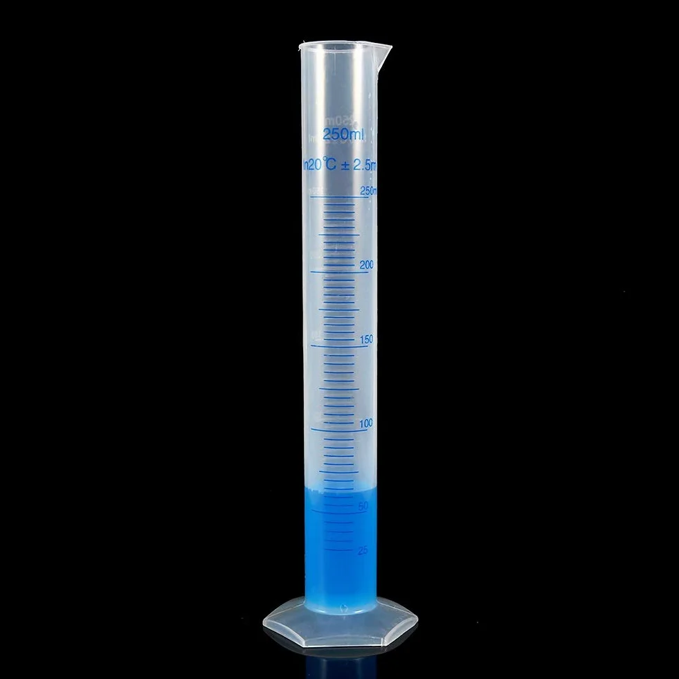 Nikou Cylinder miarowy zlewka 250 ml, probówka naukowa klasa B z wysokiej jakości polipropylenu, wysoki wzór, sześciokątna podstawa, niebieska linia, precyzyjna skala