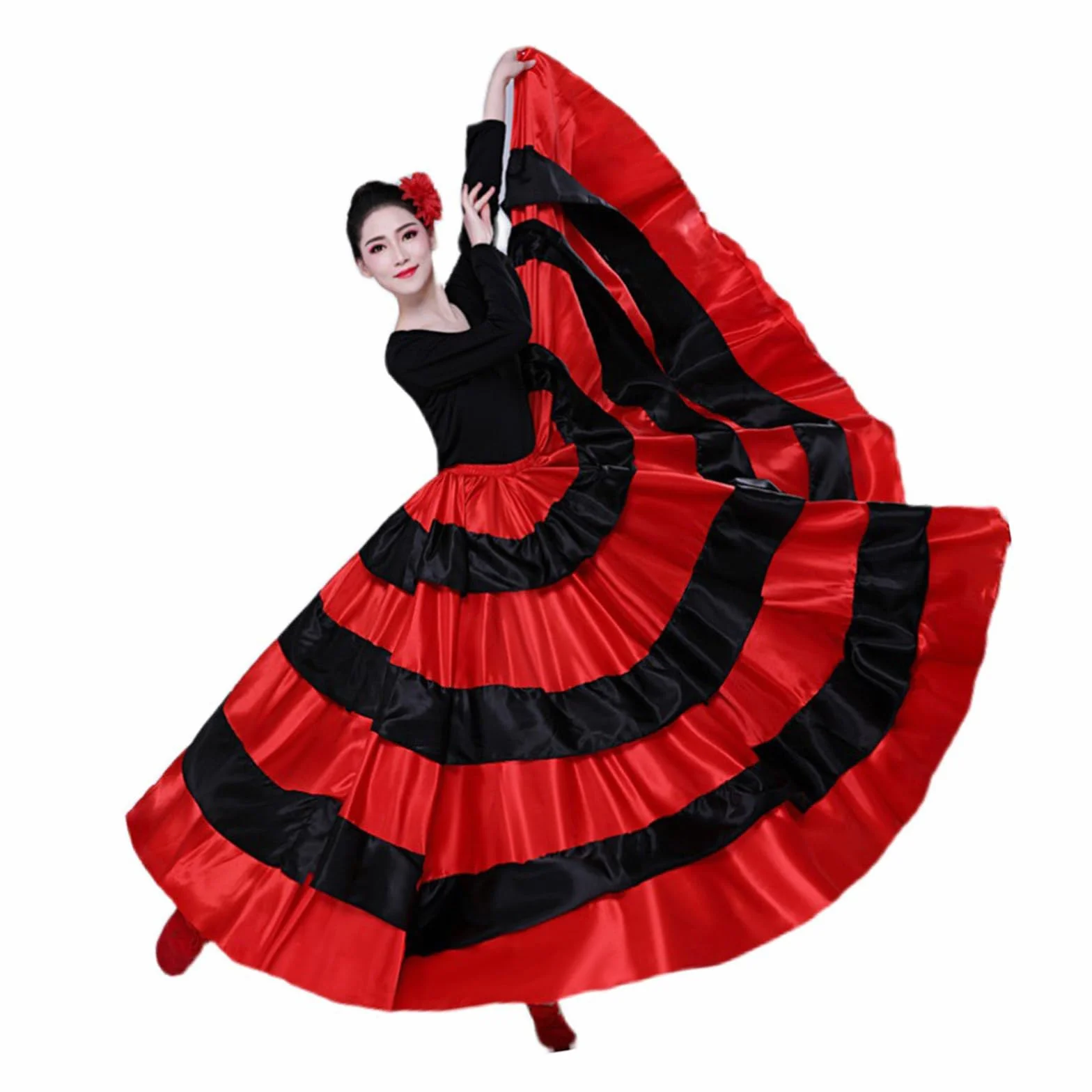 Damska czarna czerwona warstwowa długa spódnica do hiszpańskiego flamenco Meksyk Balet Folklorico spódnica do tańca brzucha długa spódnica flamenco hiszpański taniec duża huśtawka kostium na Halloween
