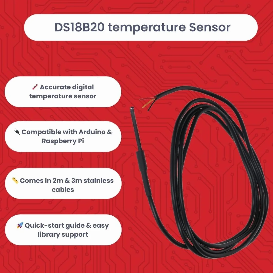 AZDelivery 5 x DS18B20 kabel cyfrowy ze stali nierdzewnej, czujnik temperatury, wodoszczelny, kompatybilny z Arduino i Raspberry Pi, w zestawie e-book