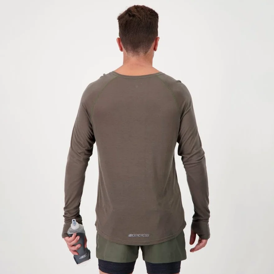 BODYCROSS męska wełniana koszulka do biegania Miky Khaki - Tencel - termoregulacja, lekkość, komfort, widoczność, przepustka kciuk