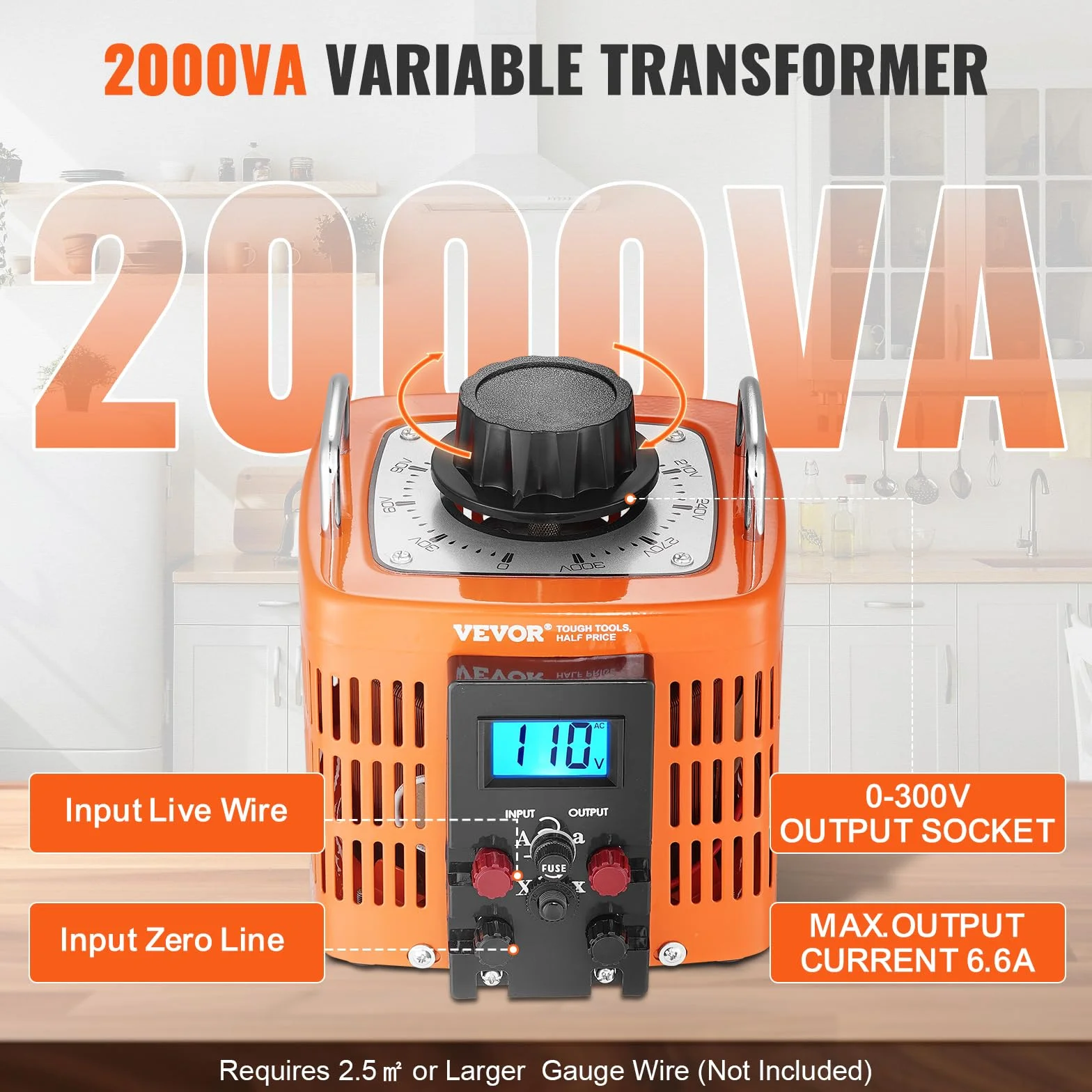VEVOR Transformator nastawczy 2000 VA o zmiennym napięciu, 6,6 A, wejście 230 V, wyjście 0-300 V, regulator napięcia zmiennego, z wyświetlaczem LCD, 4 dodatkowe bezpieczniki, do domu, przemysłu, biura
