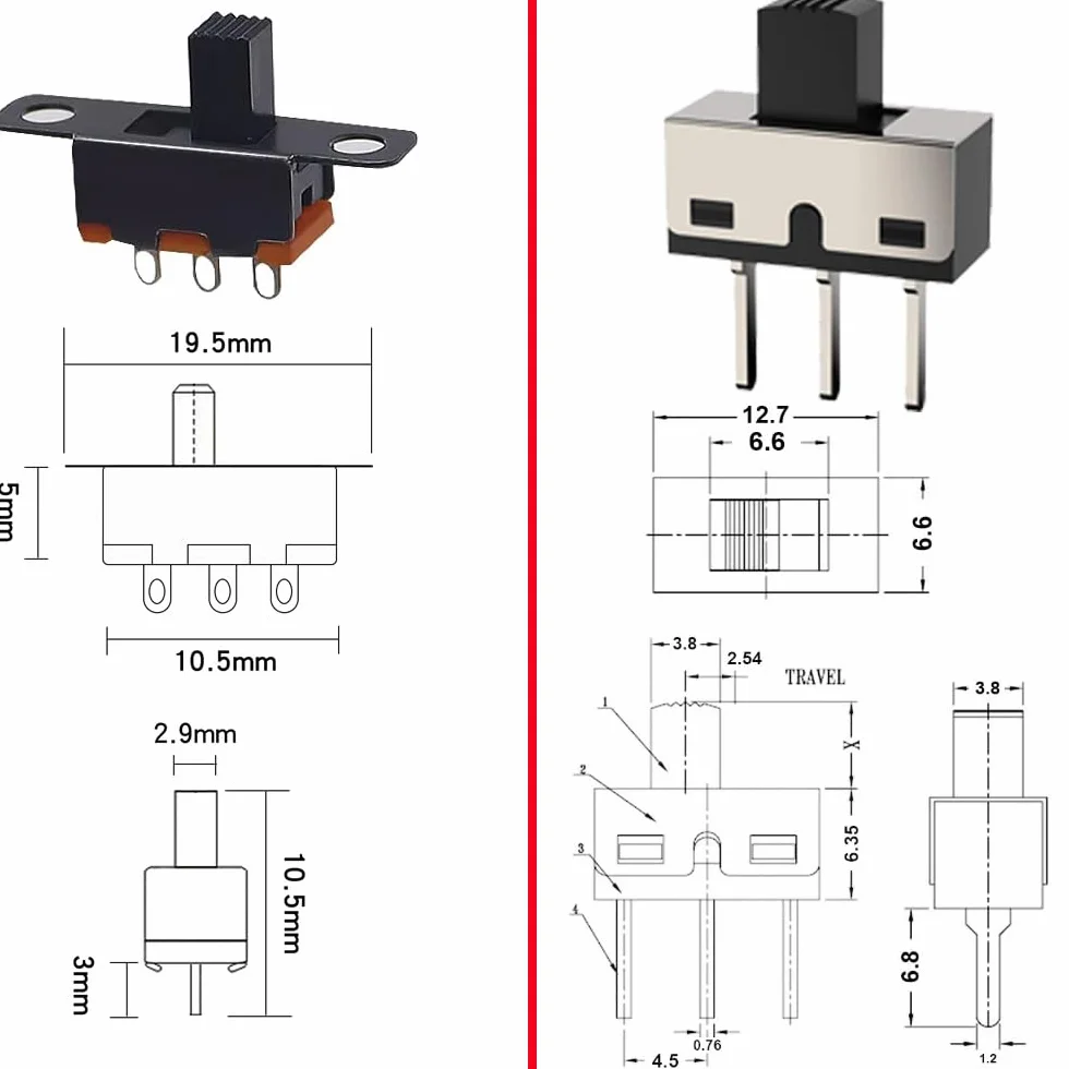 Gebildet 40 szt. Przełączniki Suwakowe 250V/3A, 1P2T SPDT 3pinowe 2pozycyjne SS12D10 i 50 V/0,5 A Mini Panelowy Przełącznik Suwakowy ON/OFF SS12F15 3-pinowy przełącznik dwupozycyjny