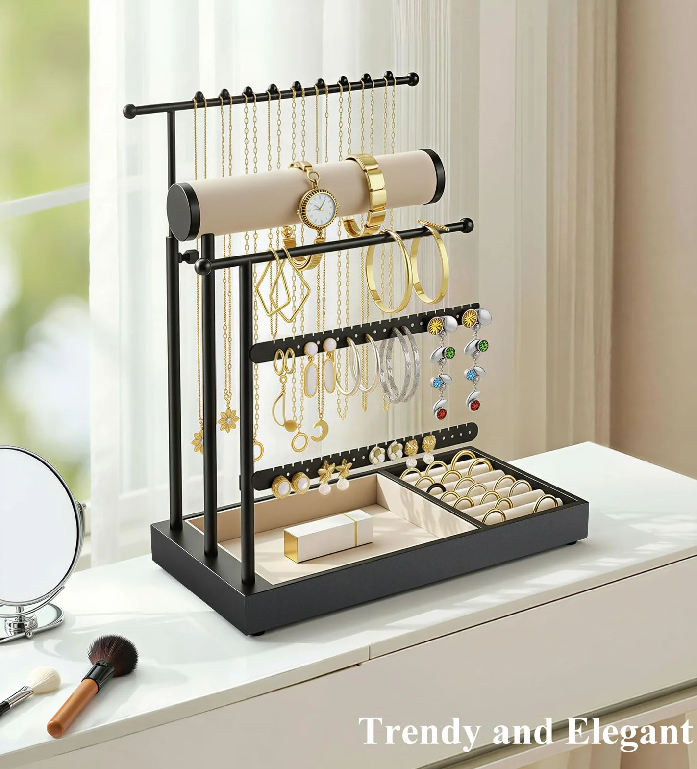 Emibele Necklace Holder, Jewelry Organizer Stand with Velvet Tray, Jewelry Organizer Tower for Earrings, Bracelets and Necklaces, Elegant Necklace Tower Accessory Storage Gifts for Women, Black