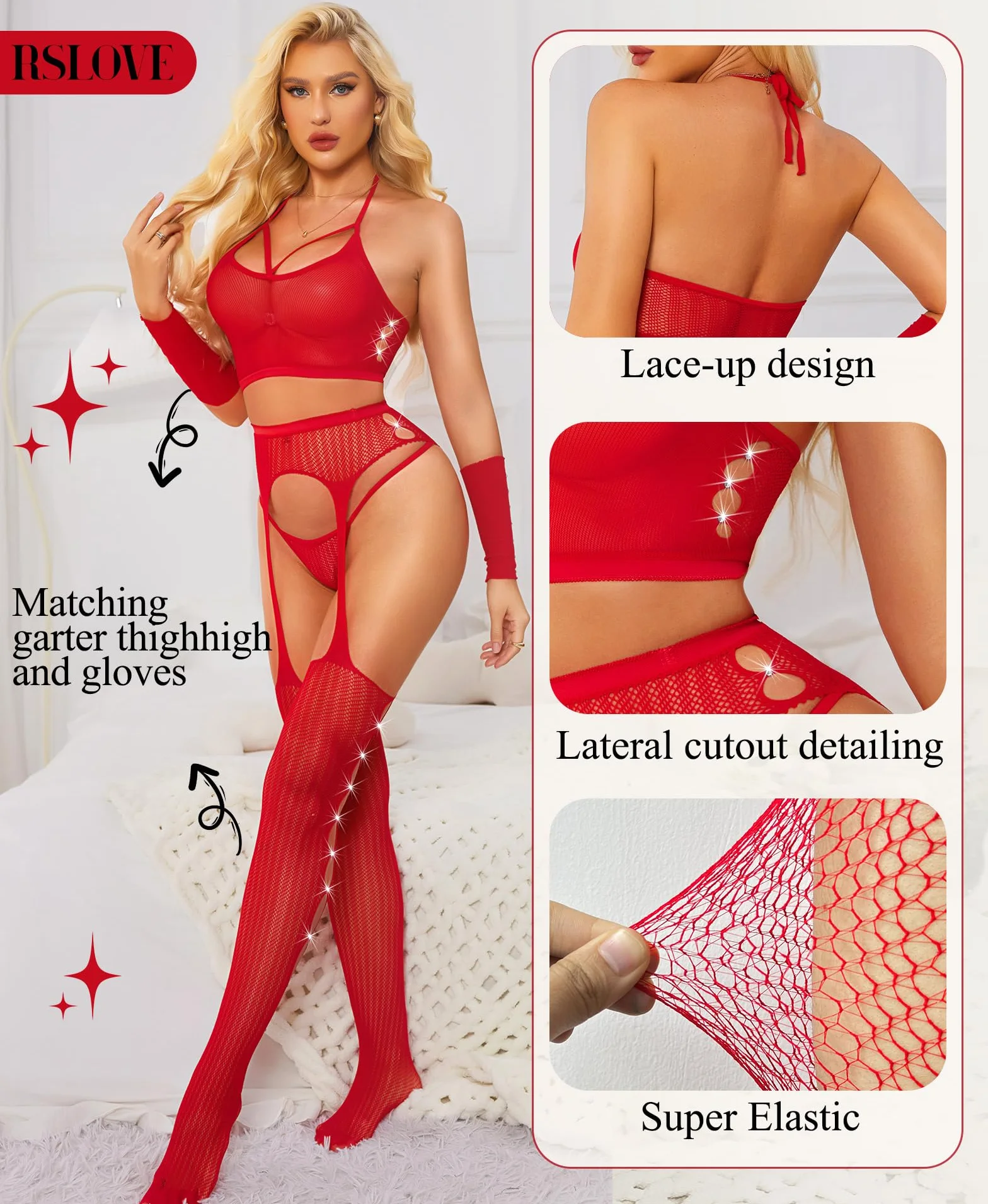 RSLOVE Seksowna bielizna kabaretki bodystocking 4-częściowy zestaw bielizny z rękawiczkami i rajstopami