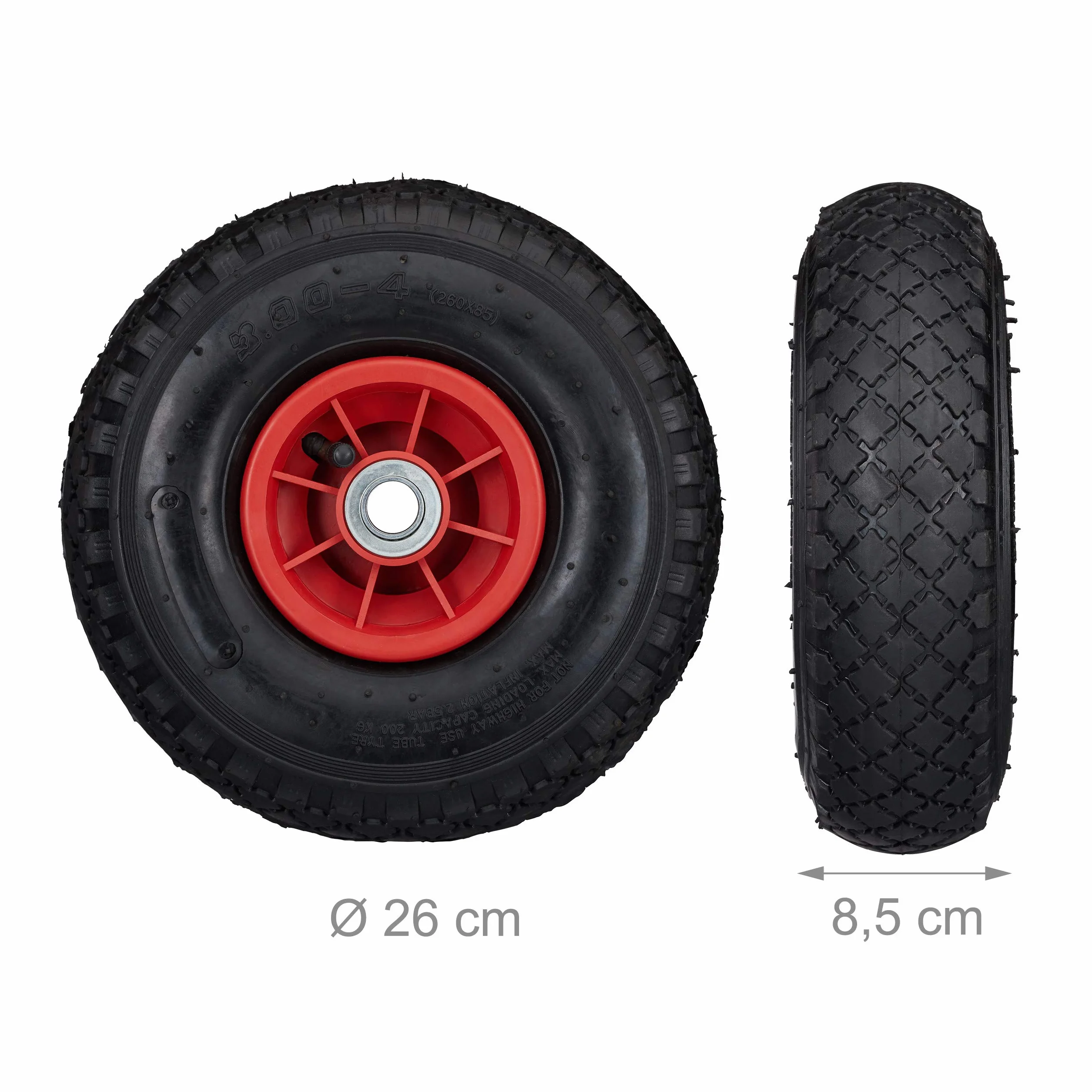 Relaxdays Koło do wózka transportowego 3.00-4, zestaw 2 opon zapasowych, opony pneumatyczne, do 80 kg, felga z tworzywa sztucznego, 260 x 85 mm, czarno-czerwone