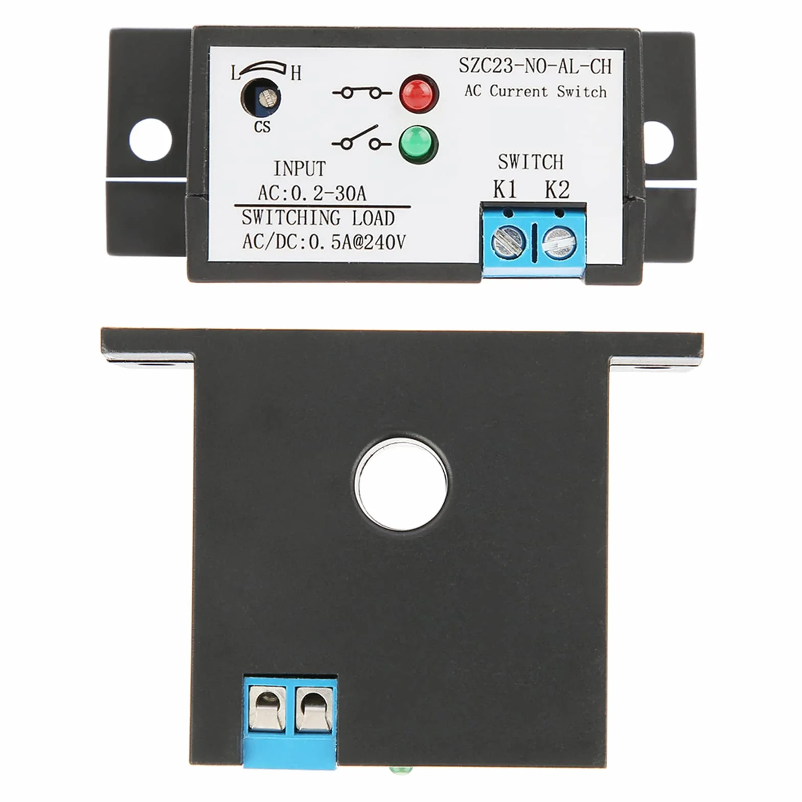 Current Sensing Switch, Normally Open Sensing Control Switch Adjustable AC 0.2-30A SZC23-NO-AL-CH IP30 Waterproof