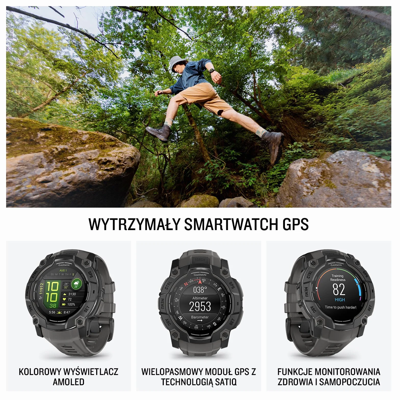 Garmin Instinct 3 [odnowiony], wytrzymały smartwatch GPS 50 mm, wbudowane aplikacje sportowe i monitorowanie zdrowia, latarka LED, odporny na wstrząsy, 10 ATM, czas pracy baterii do 24 dni, czarny