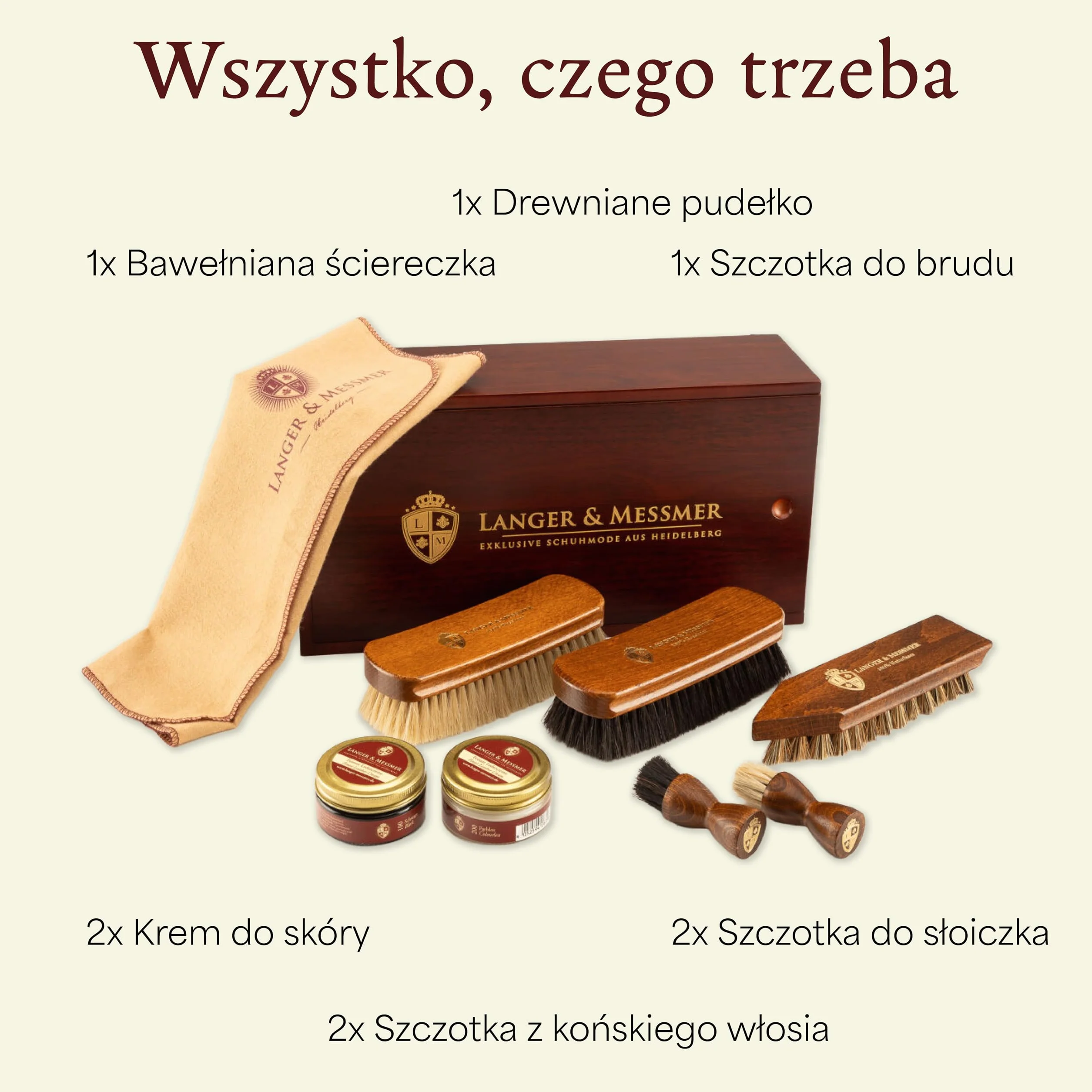 Langer & Messmer – skrzynka na czyszczenie butów Mannheim z drewna z 2 przegródkami – dostępna bez zawartości lub z wieloczęściowym zestawem do pielęgnacji – pudełko do czyszczenia butów do