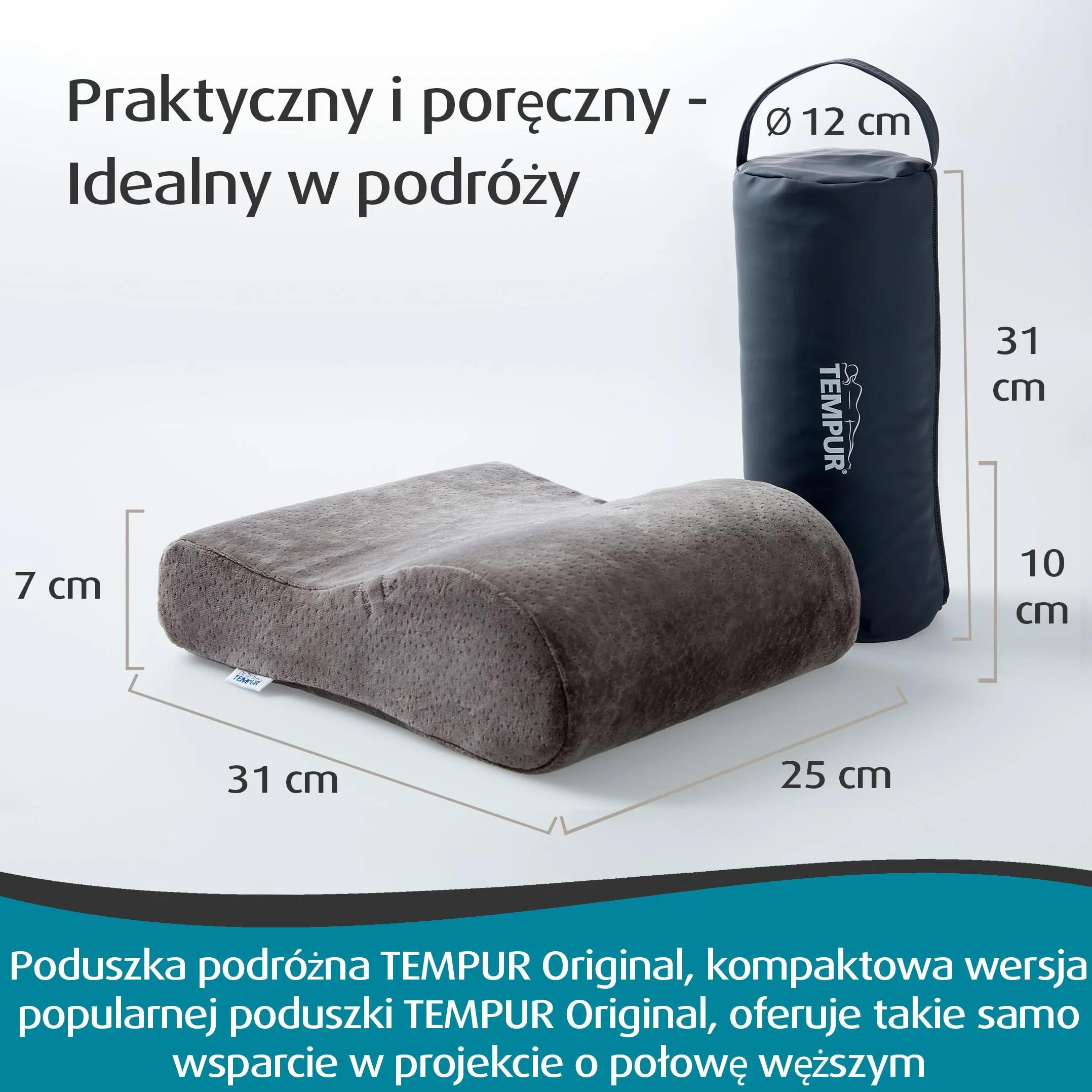 TEMPUR Poduszka podróżna z pianki memory ergonomiczna pod kark z torbą transportową Antracyt 25x31x10/7 cm