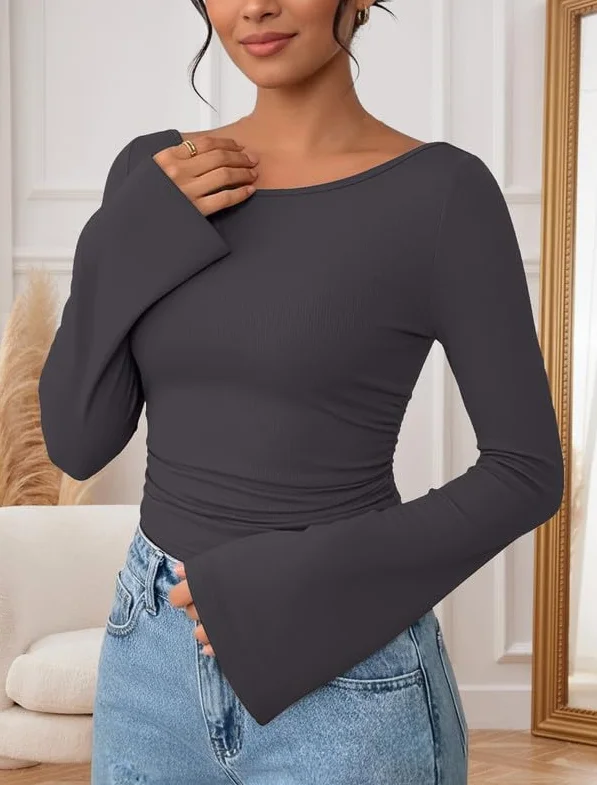 Elegancka damska koszulka z długim rękawem, dekolt w łódkę, z rękawami z dzwoneczkami, wąski top Y2K, basic, luźny sweter, slim fit, długi rękaw, jednokolorowa, z długim rękawem, na jesień