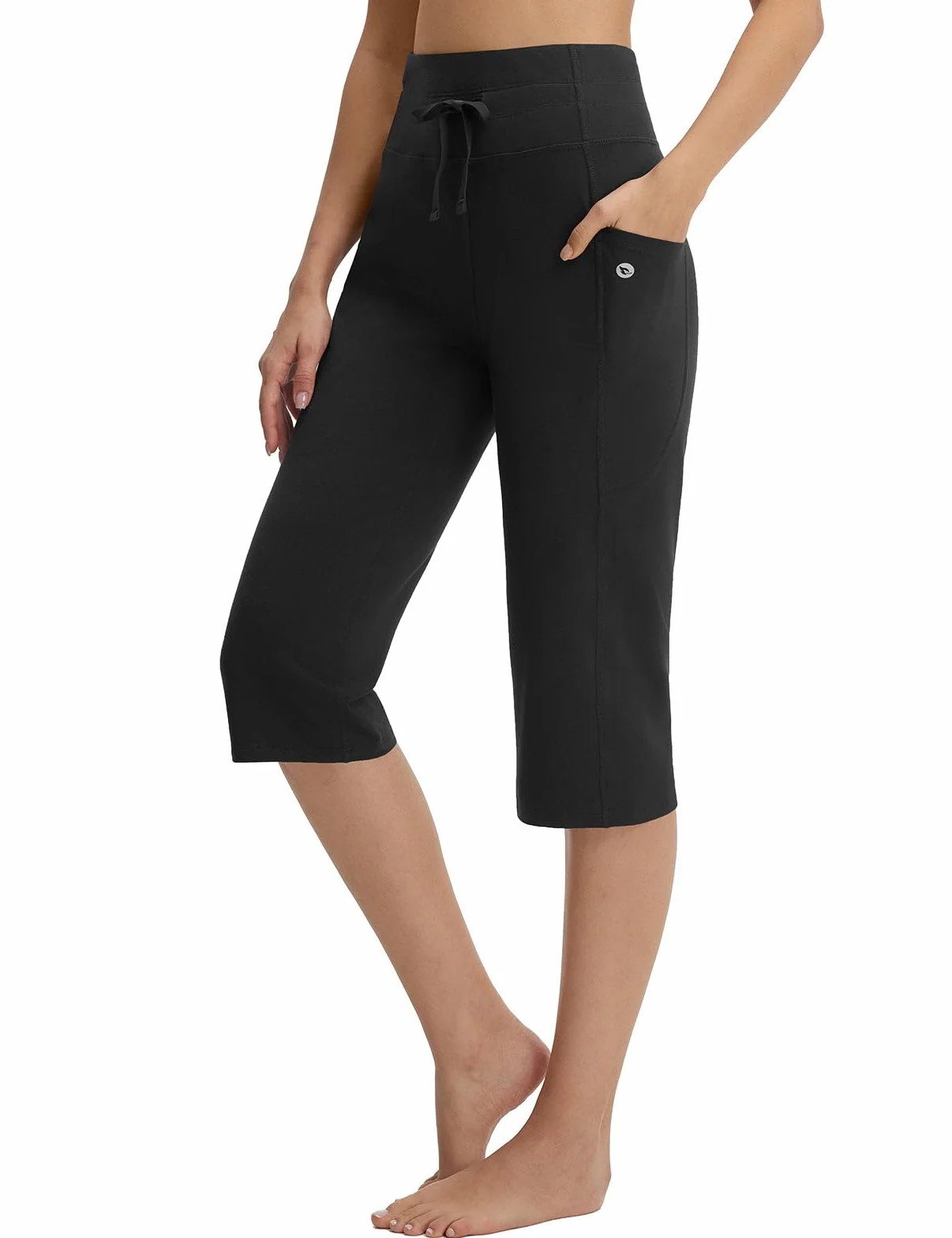 baleaf Damskie spodnie do jogi bawełna wysoki stan capri z kieszeniami 46 cm proste letnie sportowe