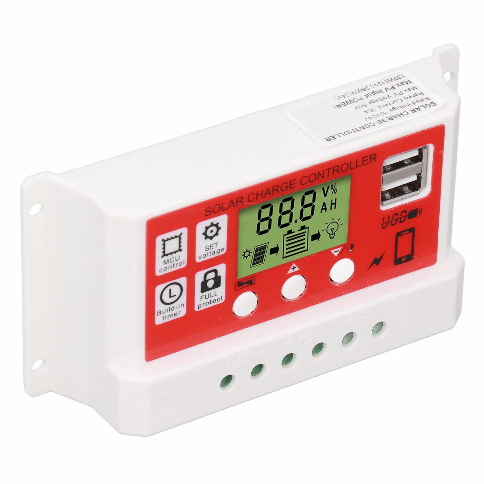 Podwójny Regulator ładowania Słonecznego USB, Inteligentny Regulator 30A z Wyświetlaczem LCD do Baterii Panelu Słonecznego, Regulowany (10A)