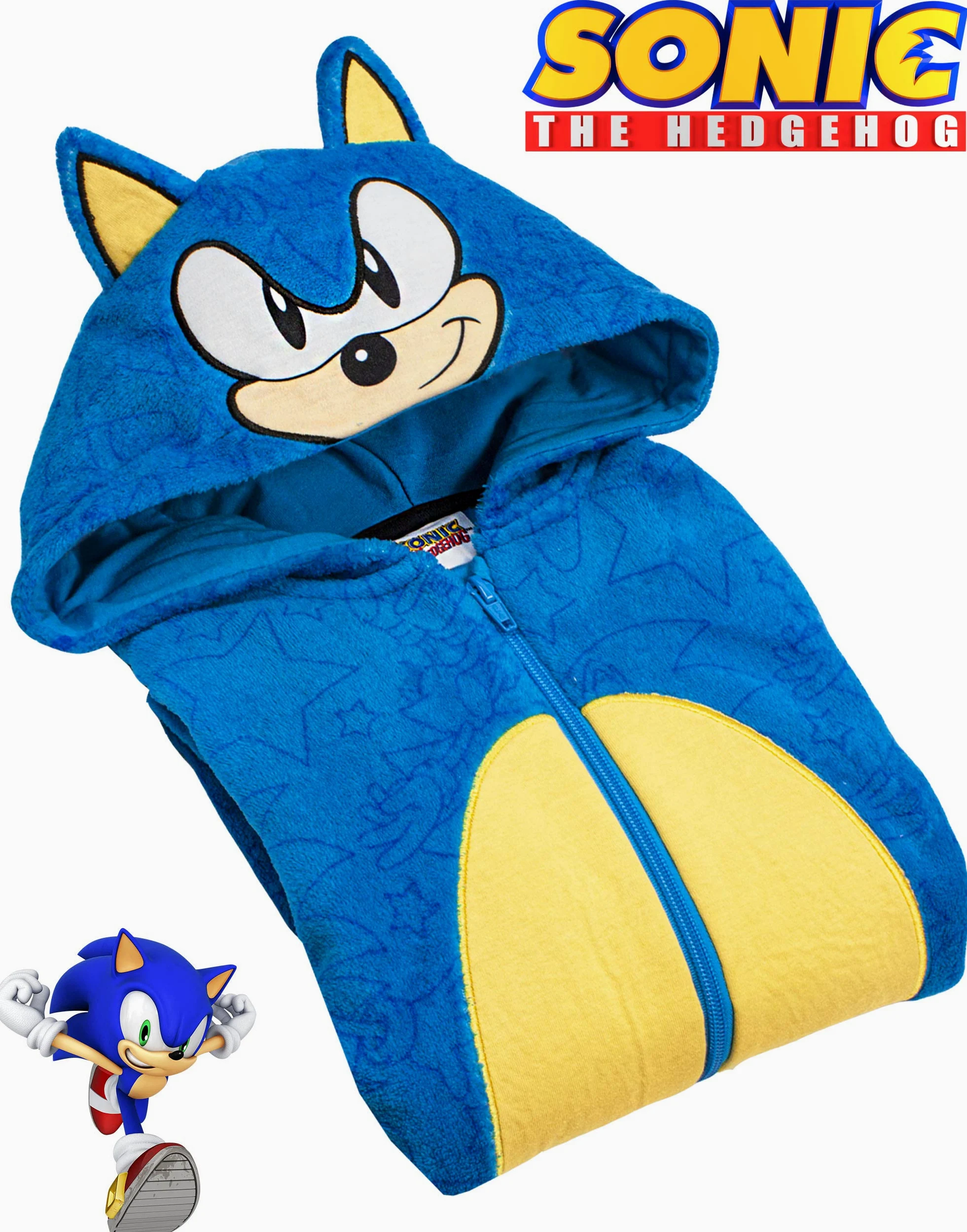 Sonic The Hedgehog Onesie dla chłopców i dziewcząt | dziecięcy niebieski miękki kombinezon do spania z kapturem na twarz Sonic i uszami 3D | Piżama dla dzieci w jednym | Prezent dla gracza