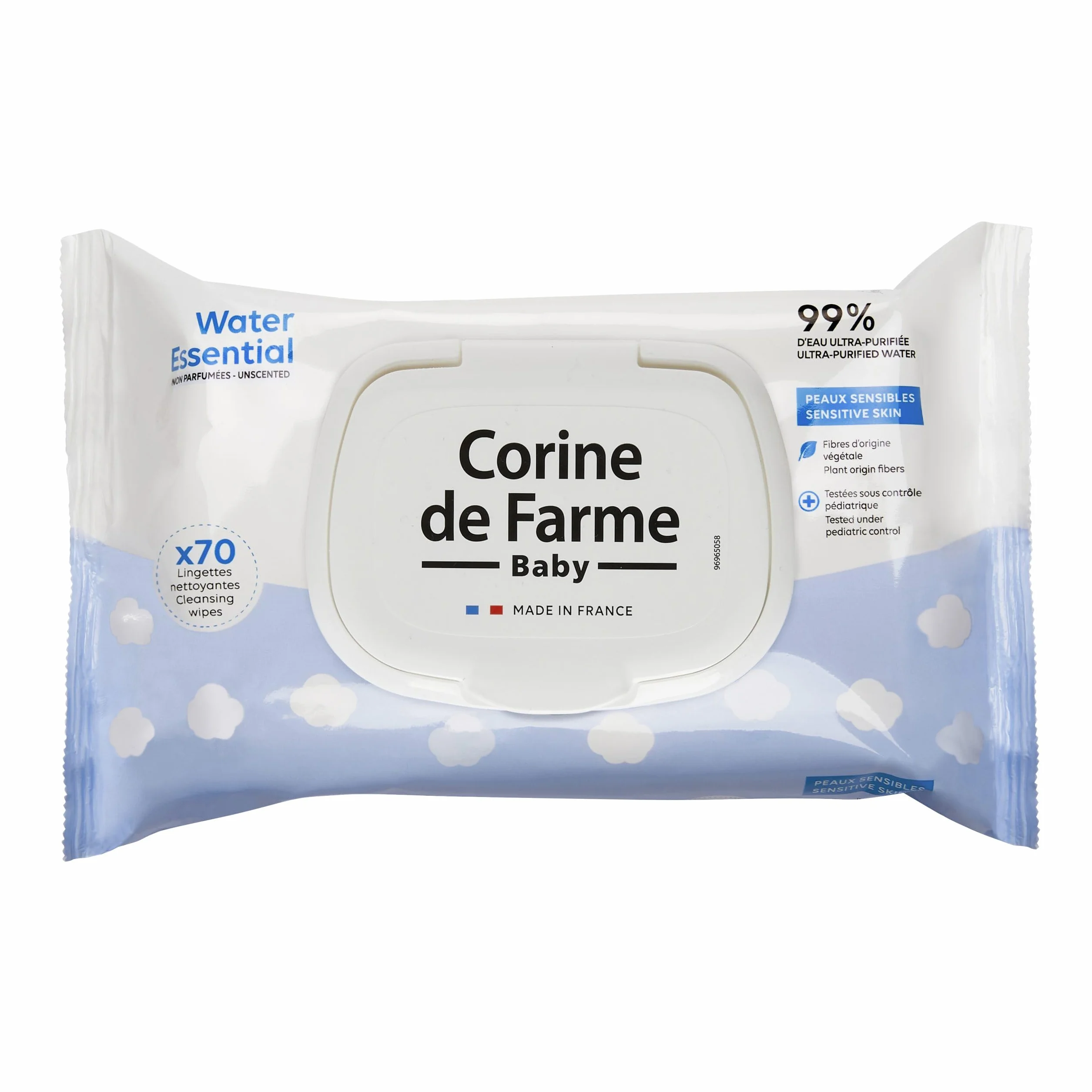 Corine de Farme - Change Water Essential Baby Wipes x70 - Vegetable Fibre Toiletry Product - 99% Ultra-Purified Water - Hygiene from Birth - Resealable Hood