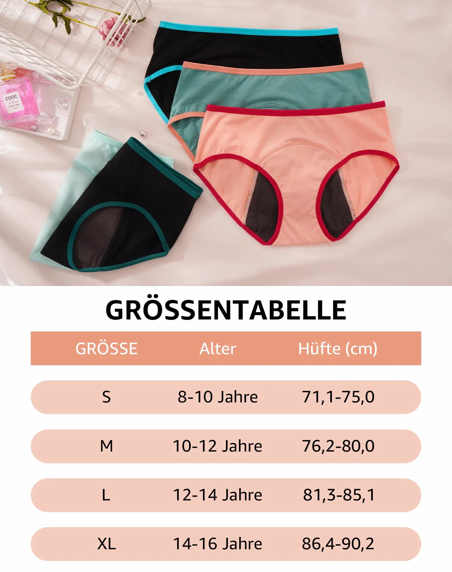 INNERSY Bielizna dla dziewcząt od Period, bielizna bawełniana, majtki z zabezpieczeniem przed wyciekiem, zestaw 3 szt, Czarny / zielony / różowy, 16 Lata