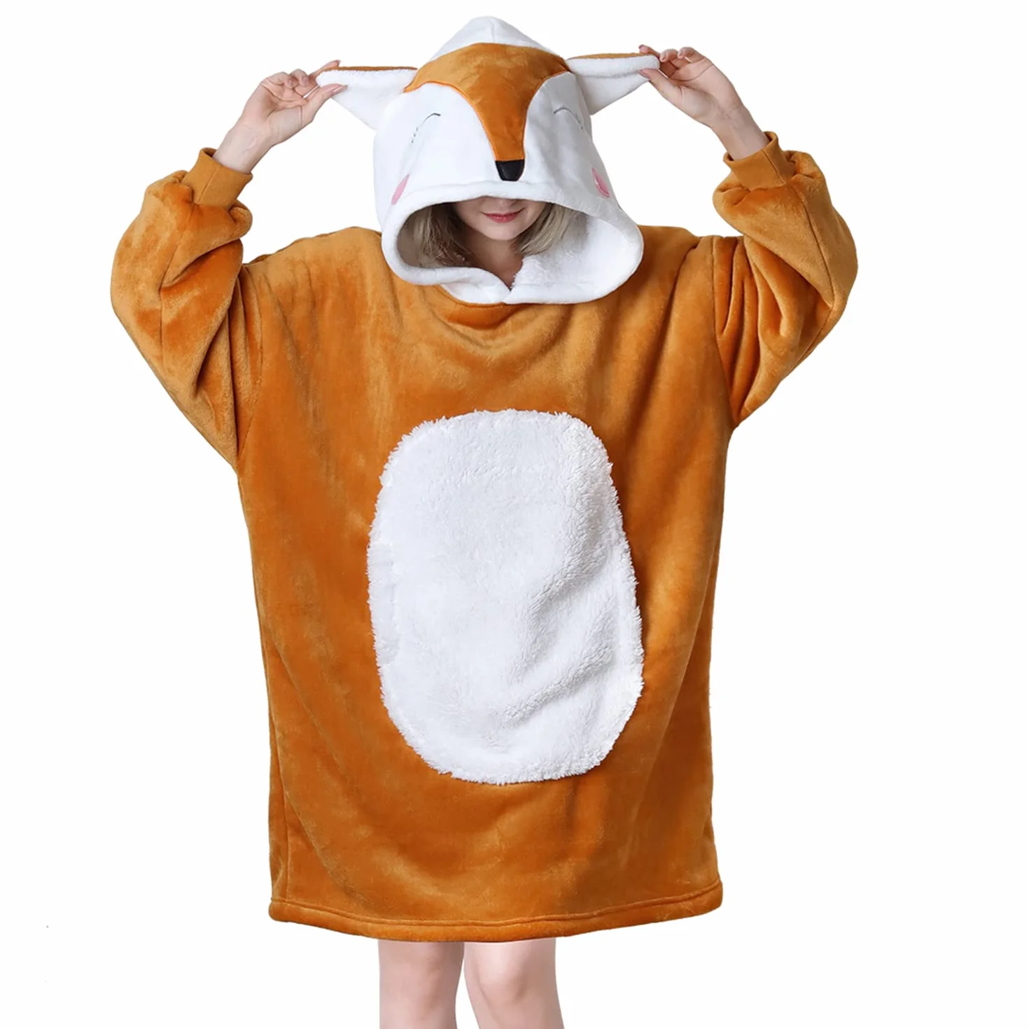 Bluza z kapturem z motywem lisa, ponadwymiarowa bluza Sherpa wygodna bluza dla dorosłych kobiet dziewcząt, ciepły przytulny zwierzęcy koc z kapturem pomarańczowy