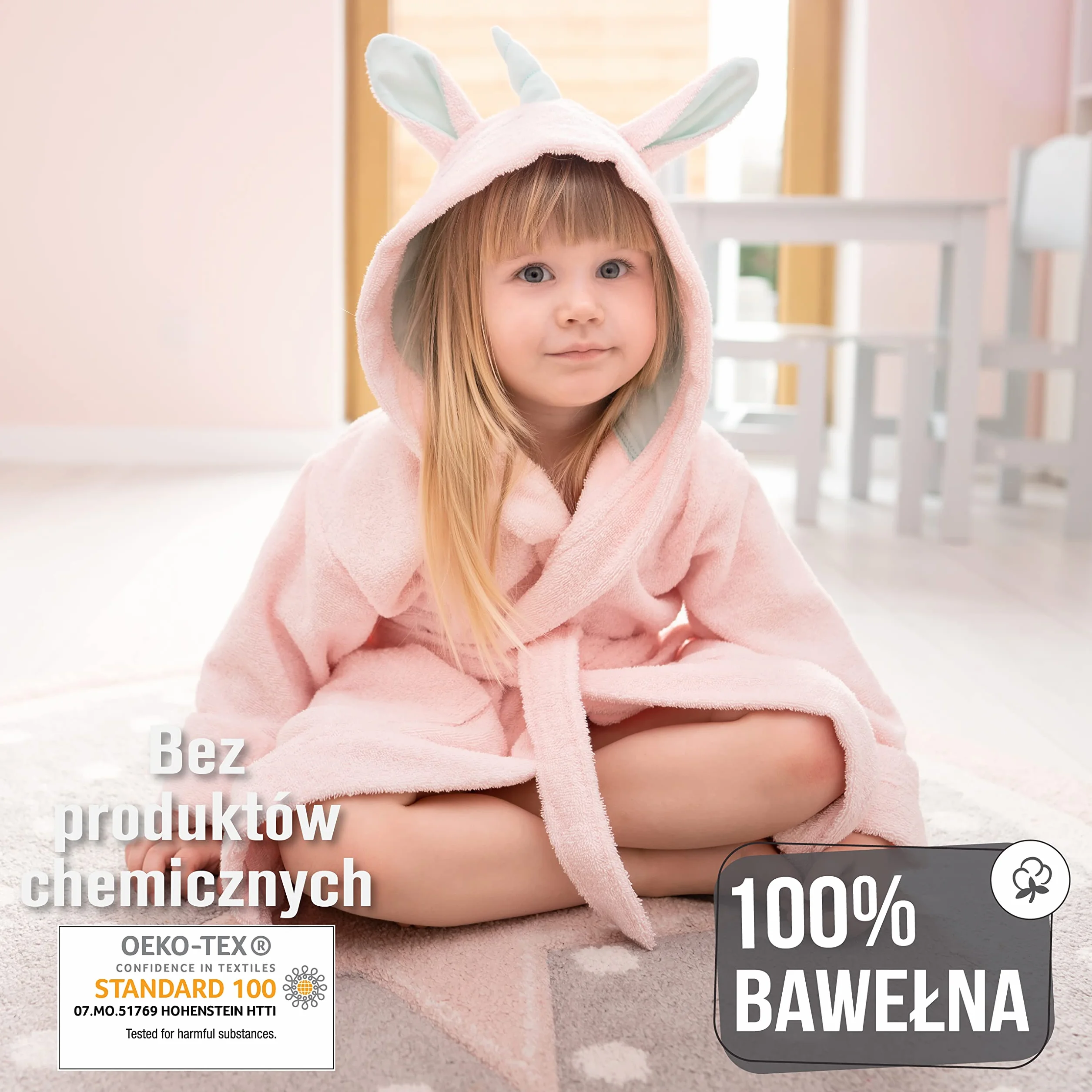 Twinzen Dziecięcy szlafrok kąpielowy z jednorożcem, dla chłopców i dziewczynek, 100% bawełna Öko-Tex®