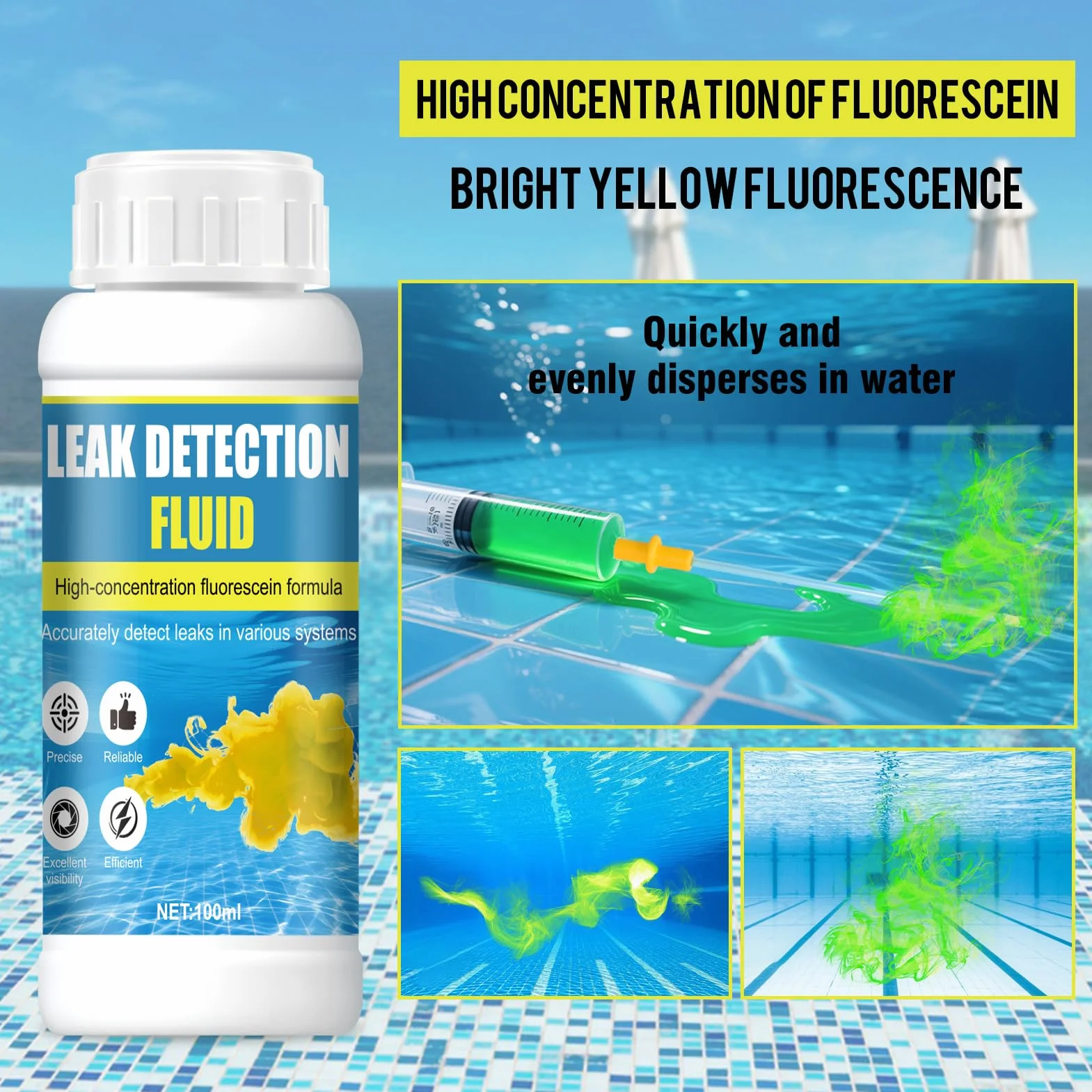 Uniwersalne narzędzie do wyszukiwania wycieków, do wyszukiwania wycieków, do basenu, klimatyzacji, instalacji sanitarnych, dachu, samochodu, silna fluorescencja, rozpuszczalność w wodzie, 100