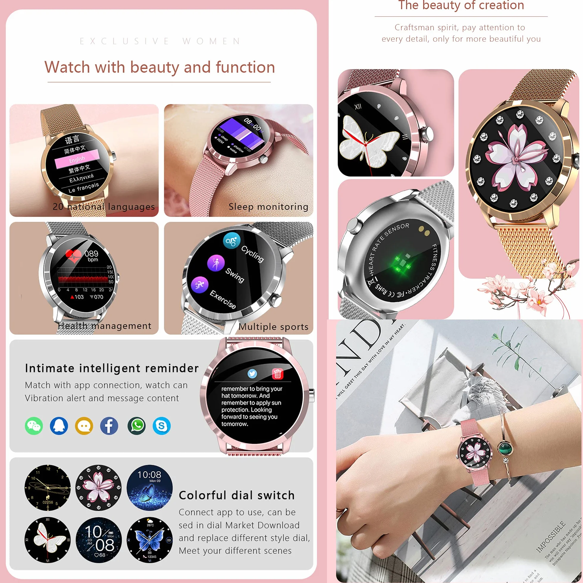 Smartwatch damski, 1,09 cala, dotykowy zegarek fitness, 22 tryby sportowe, tracker fitness z krokomierzem, stoperem, wodoszczelność IP68, inteligentny zegarek z pulsometrem, monitorem snu, zegarek