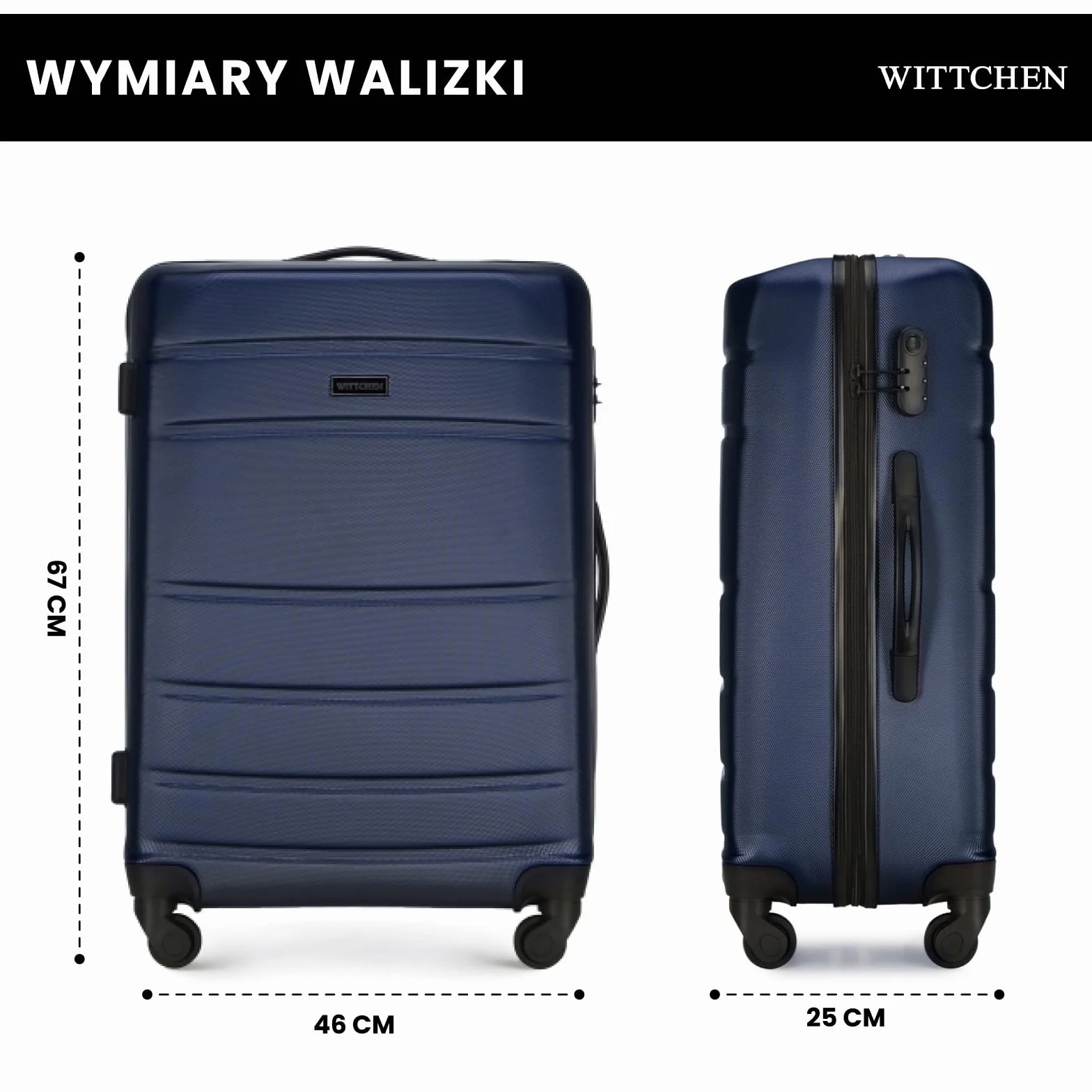 WITTCHEN Średni Wózek Walizka Podróżna z ABS - Twarda Skorupa, 4 Koła, Zamek Szyfrowy, Ciemnoniebieski 56-3A-652-90