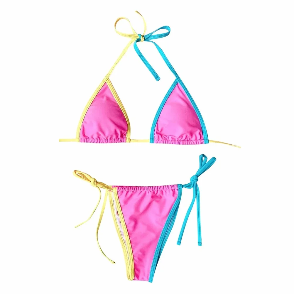 Patchworkowe stringi mikro bikini damskie seksowne bandażowe bikini zestaw push up usztywniane stroje kąpielowe strój kąpielowy z wysokim stanem (kolor: czarny, rozmiar: mały) (różowy L)