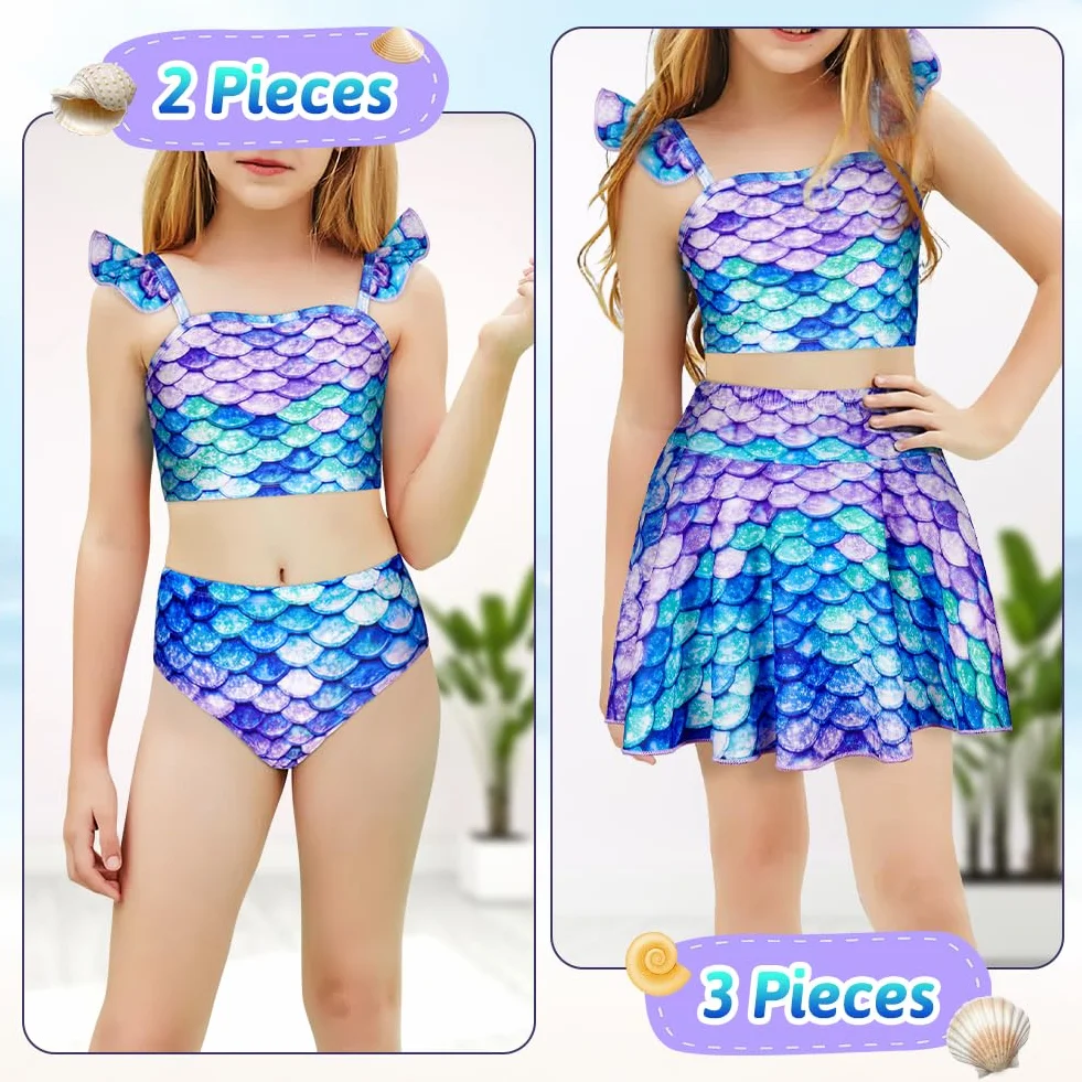 Zestaw bikini dla dziewczynek, strój kąpielowy dla dziewczynek, trzyczęściowy strój kąpielowy składający się z góry, majtek, spódnicy, idealny na letnią plażę