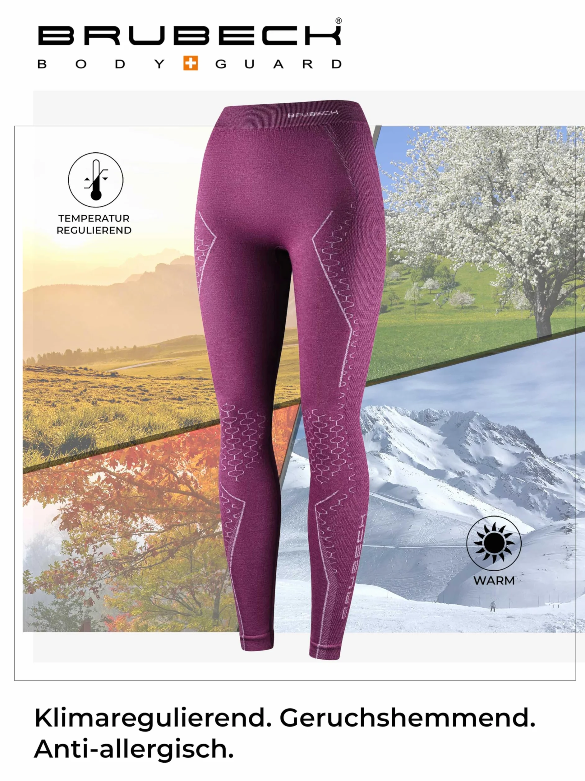 BRUBECK Merino LE11130 damskie majtki funkcyjne, długie, oddychające, do sportów zimowych, termiczne, bielizna narciarska, legginsy, 78% wełna z merynosów
