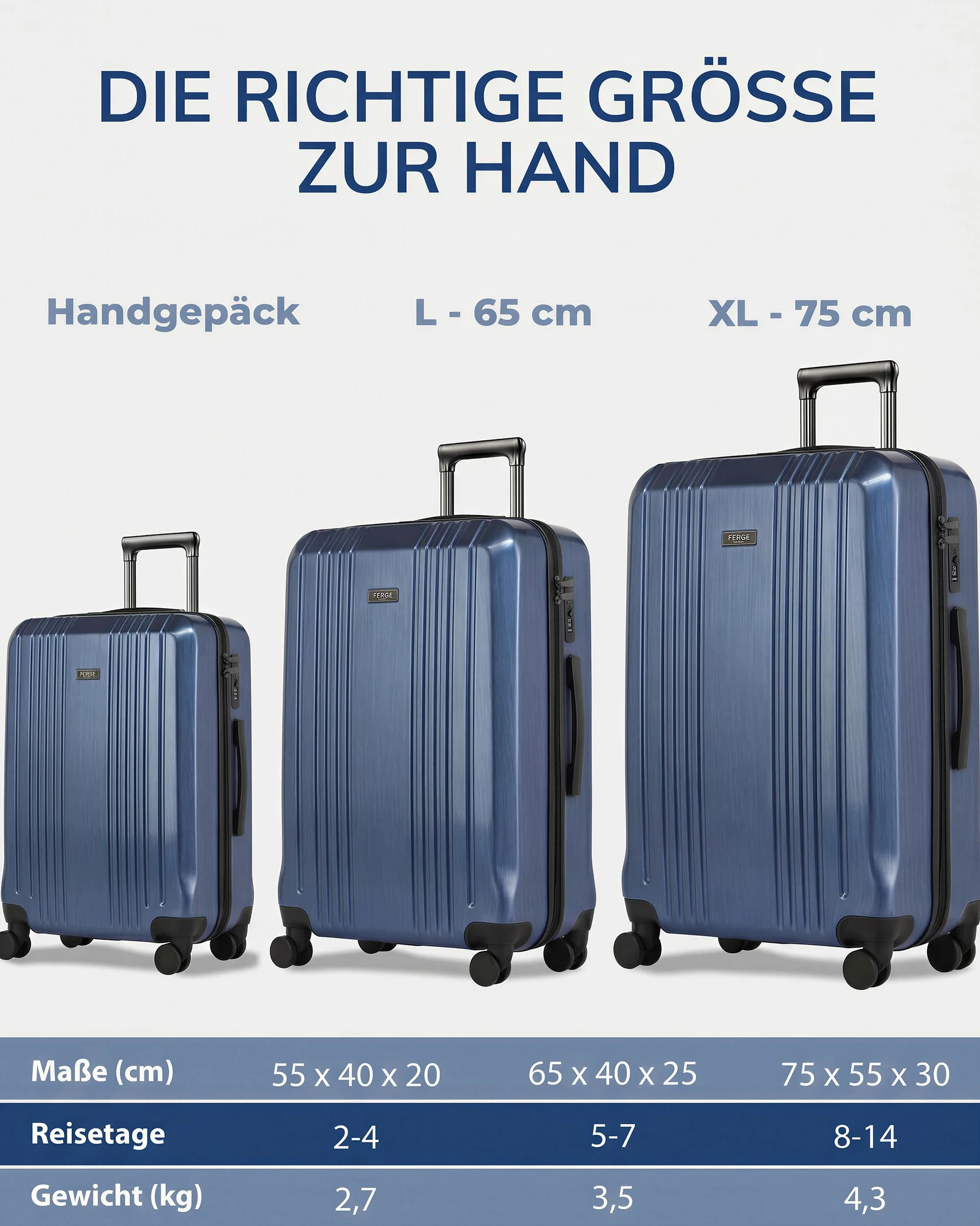 FERGÉ Cannes zestaw walizek 3-częściowy, z twardą obudową, zamek szyfrowy TSA, walizka podróżna na kółkach (bagaż podręczny, L, XL) 3-częściowy zestaw walizek z twardą obudową, 4 kółka z zamkiem