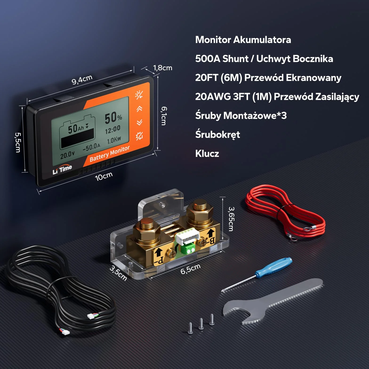 LiTime Monitor baterii z bocznikiem, 500 A, 8 V-120 V, monitor baterii do przyczepy kempingowej, motocykla, wózka golfowego, bateria solarna z ekranem LCD, alarm buzzera, pojemność, procent czasu,